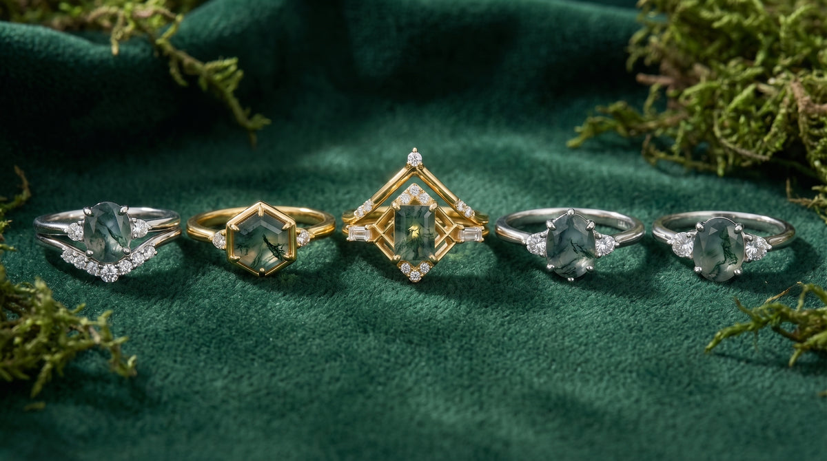 moss agate wedding ring set - hero image