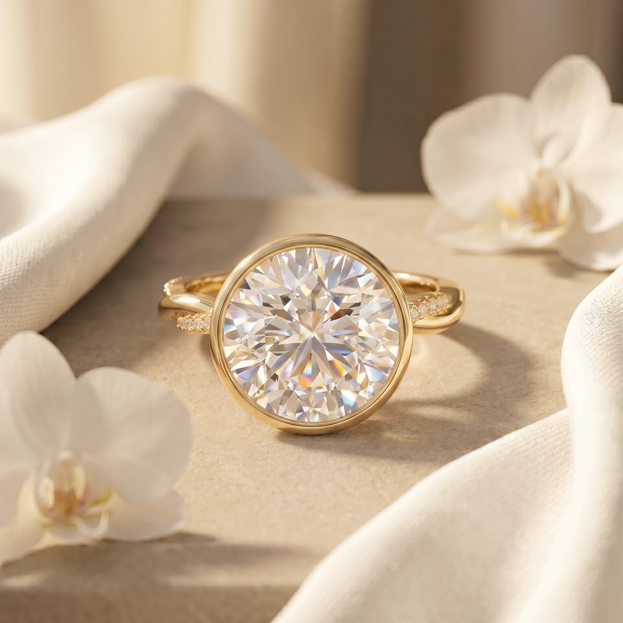 A yellow gold round-cut moissanite bezel engagement ring displayed on a stone surface with white orchids.
