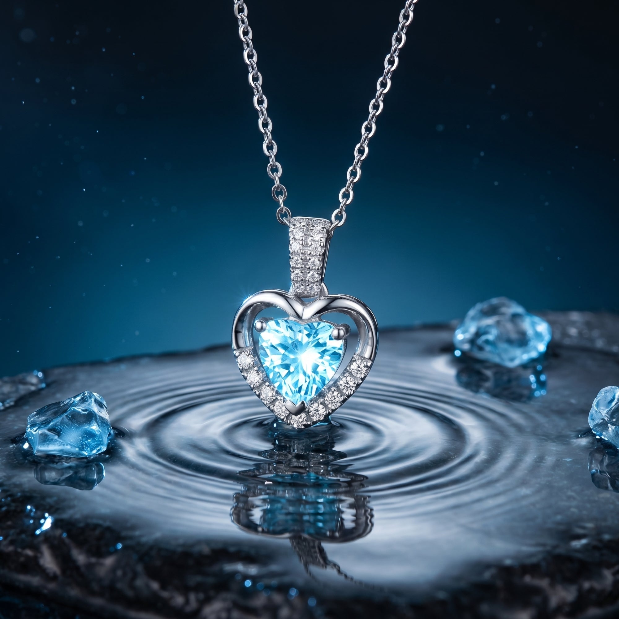Heart-cut aquamarine necklace in platinum styled on a dark wet surface with water ripples and blue crystals.