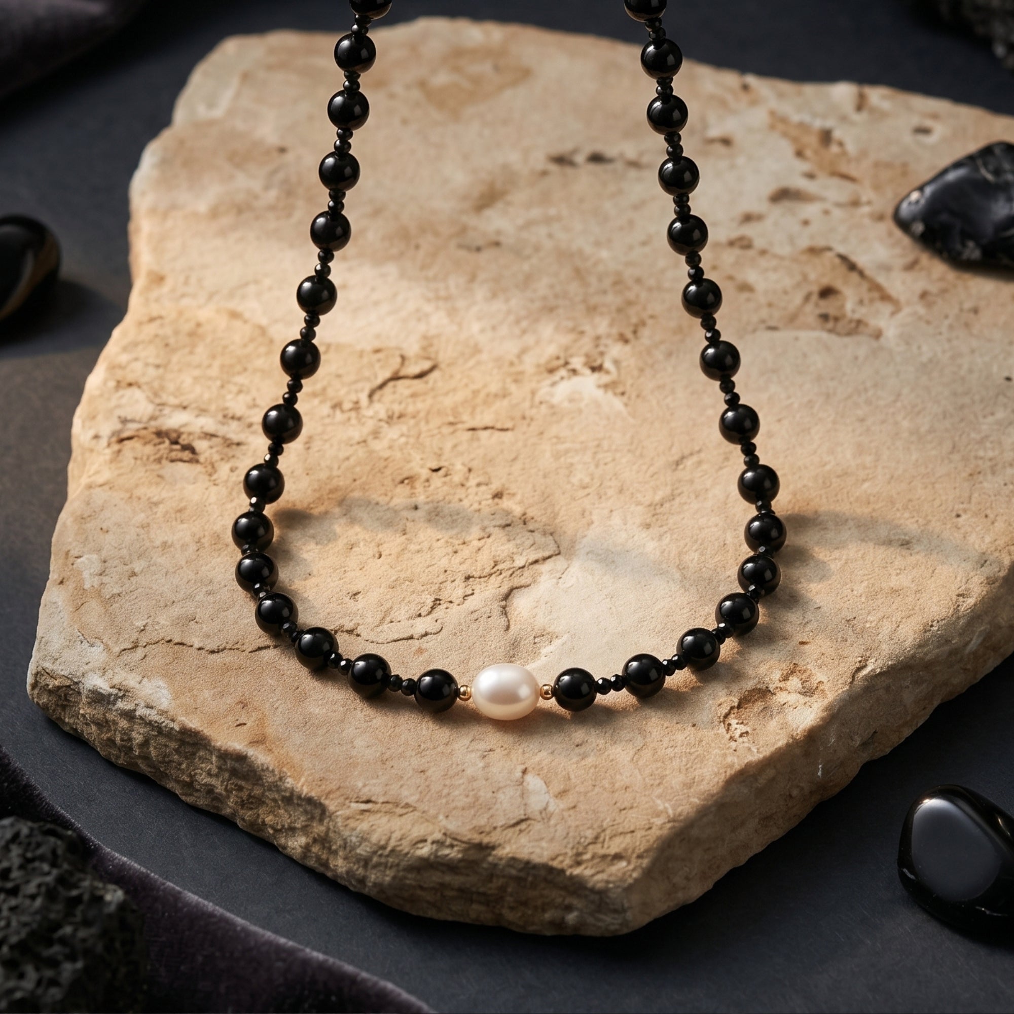 Black onyx bead necklace with a central white pearl and 18K gold accents displayed on a natural stone background.