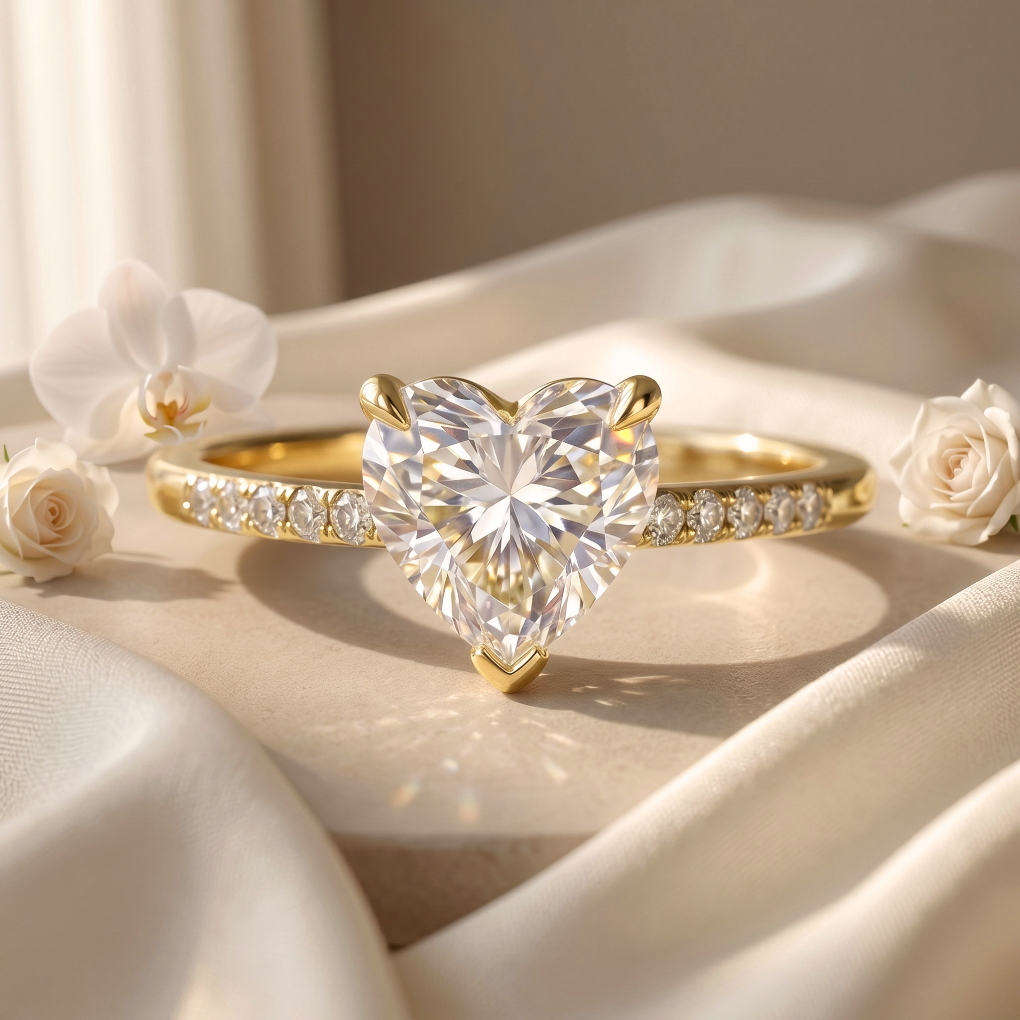 A front-facing flat lay of a heart-cut moissanite engagement ring on a yellow gold band with side accent diamonds.