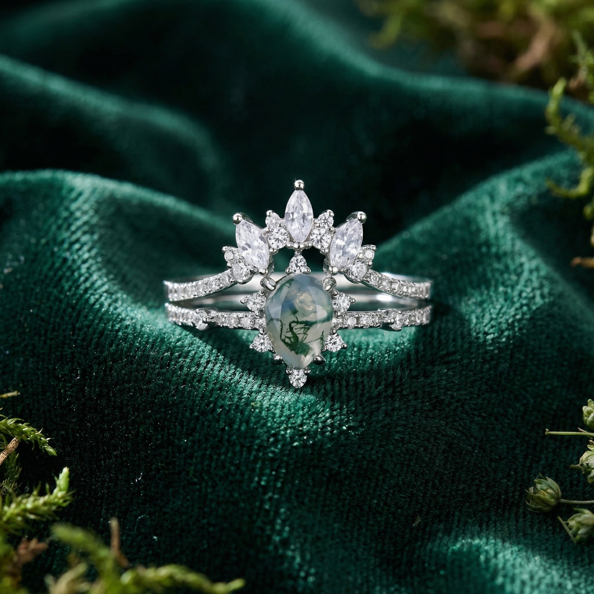 Frosted kite cut moss agate and marquise diamond ring set in S925 sterling silver on green velvet.