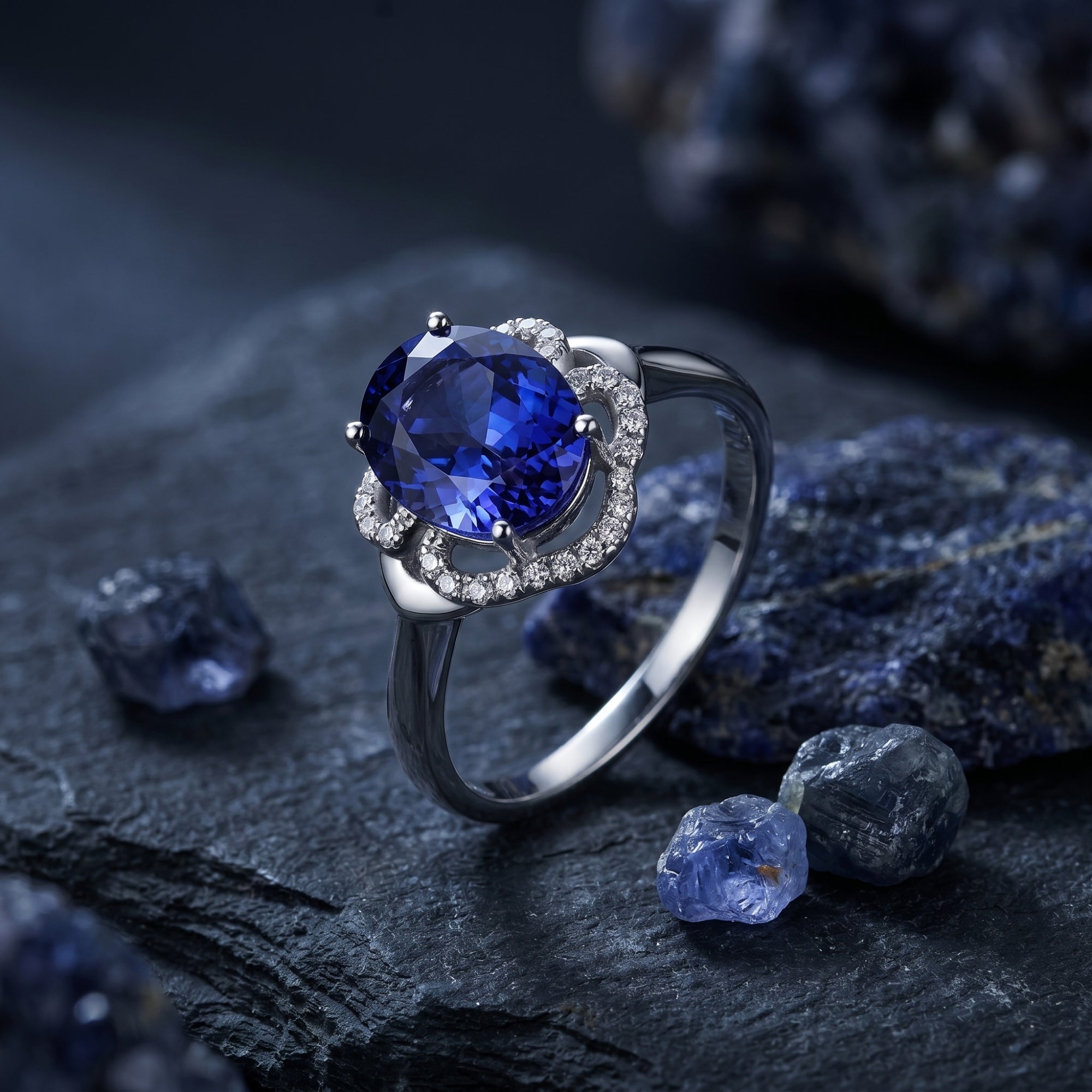 Oval tanzanite halo ring in 18K white gold on a dark stone surface with raw gemstones.
