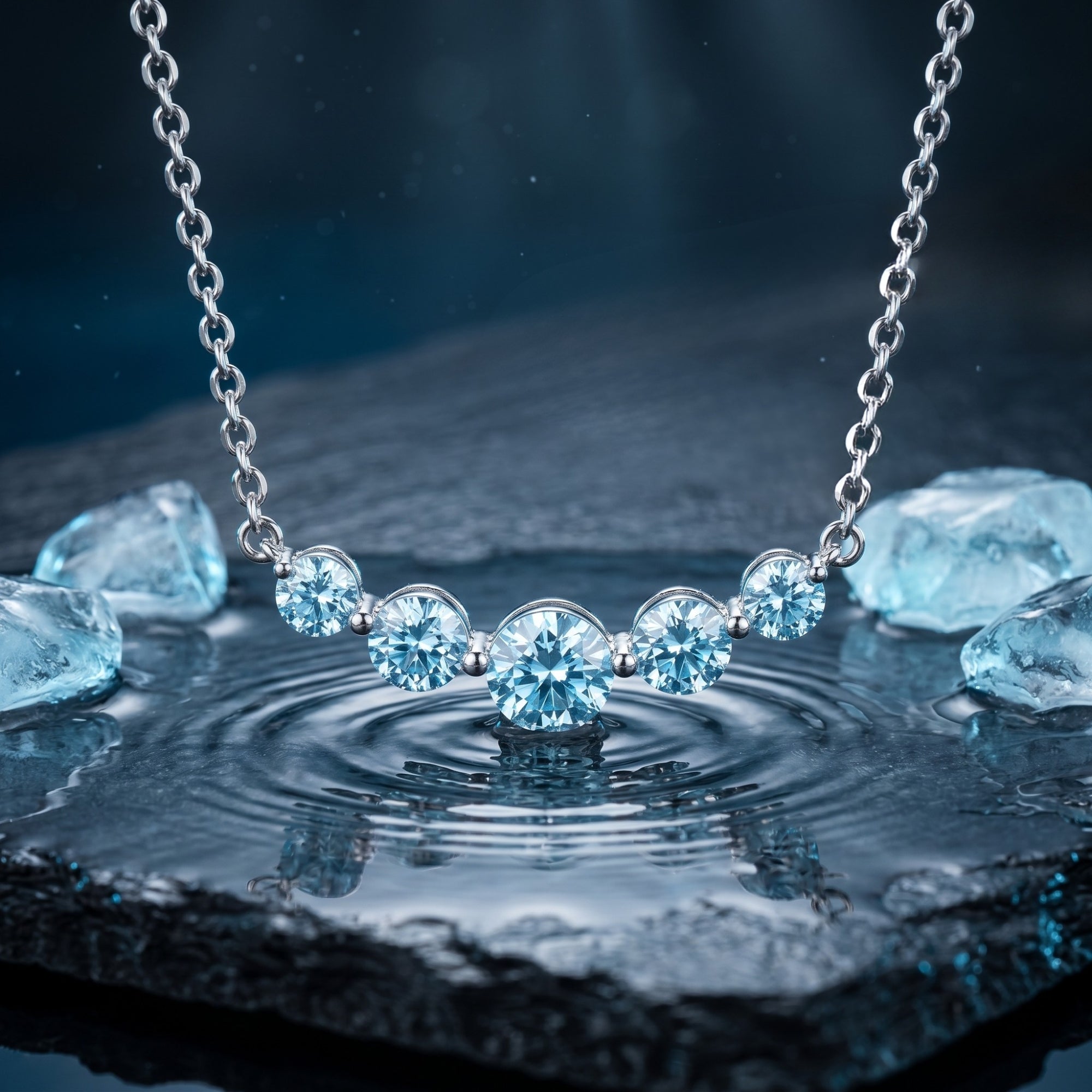 Graduated round cut aquamarine pendant in platinum resting on a dark stone with water ripples.