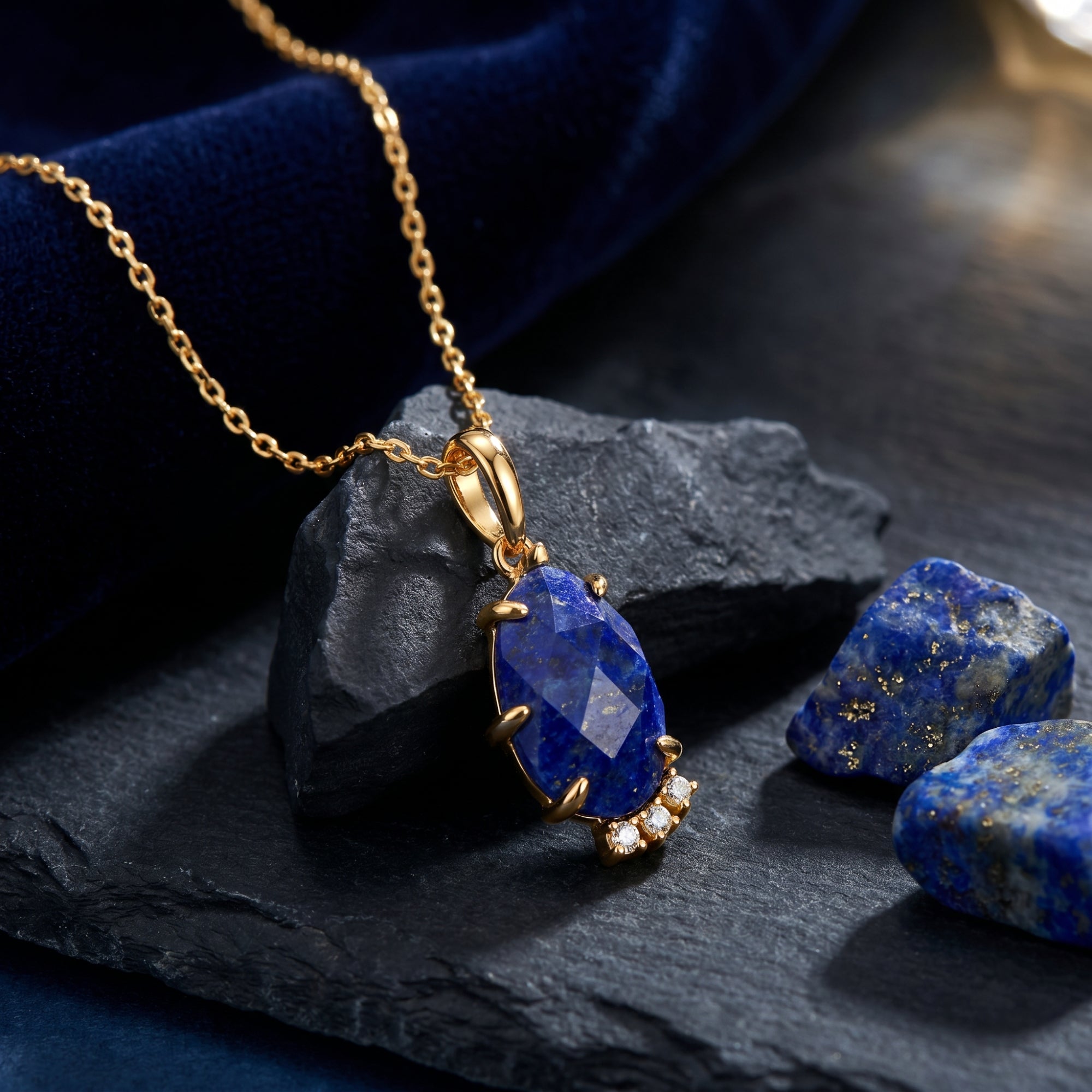Faceted pear natural lapis lazuli necklace in 18k gold plated silver on a dark rock with raw lapis stones.