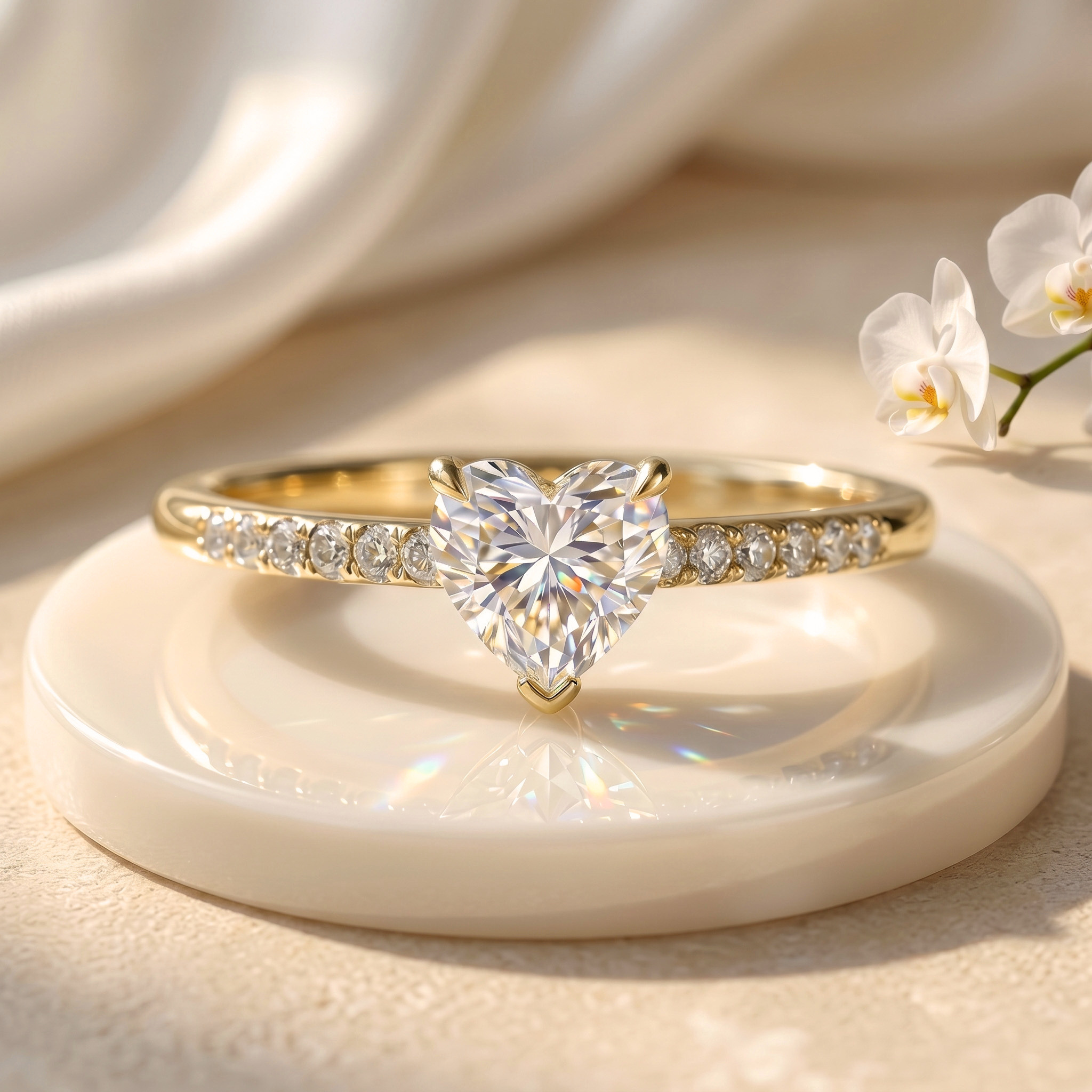 A yellow gold engagement ring featuring a sparkling heart-shaped moissanite center stone and a diamond-accented band, displayed on a round white pedestal.