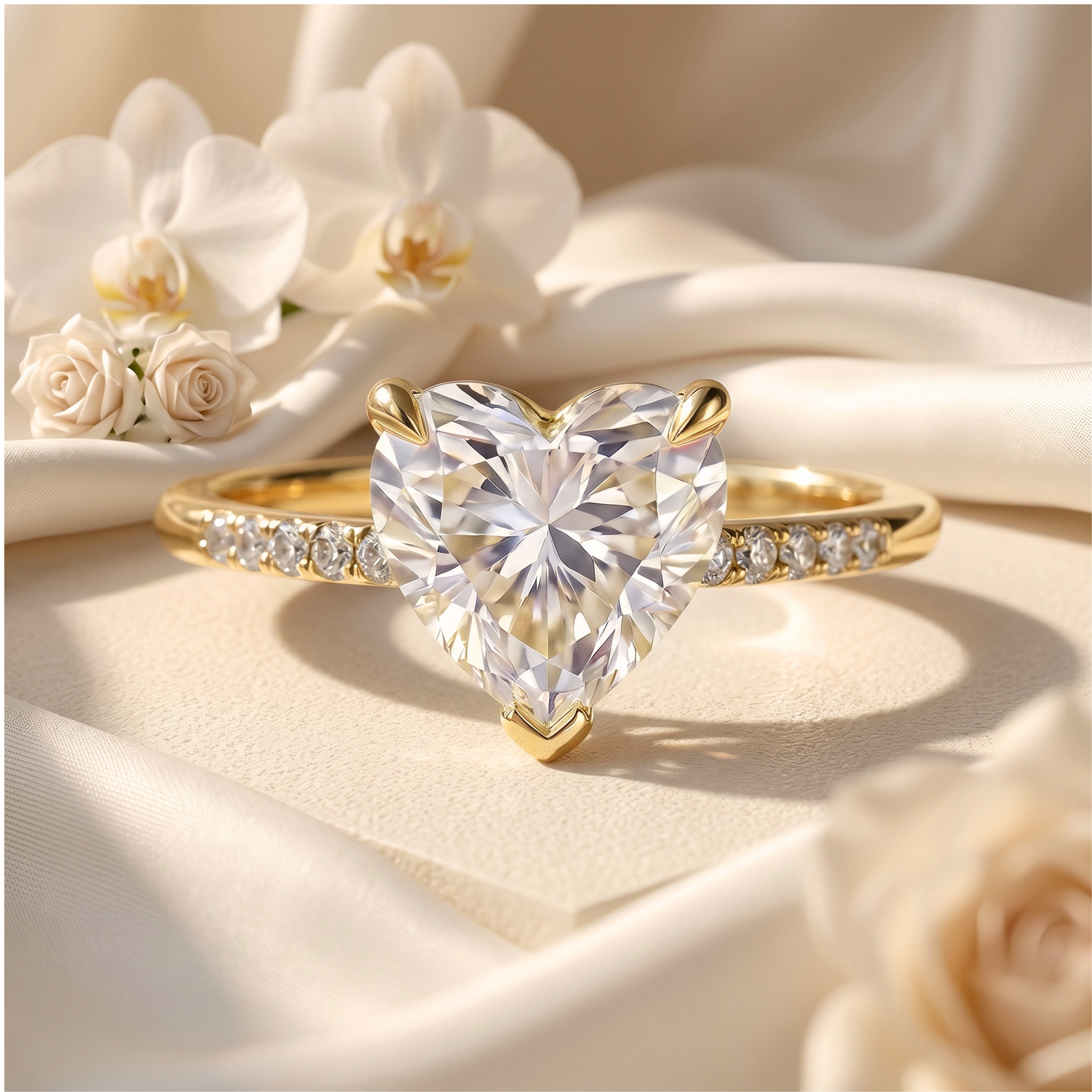 A stunning yellow gold engagement ring featuring a brilliant heart-shaped moissanite center stone and a sparkling pave band, elegantly set against soft white silk and orchids.