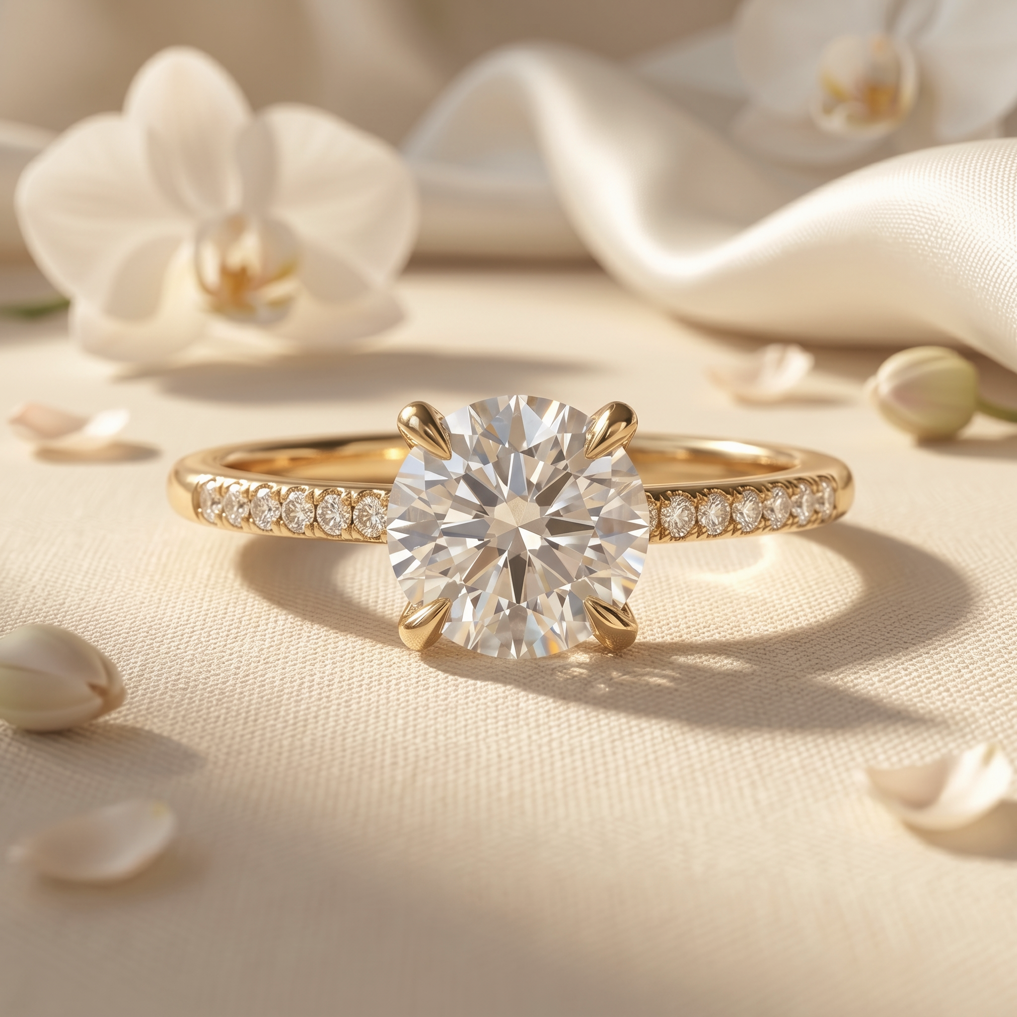 A classic round-cut moissanite engagement ring with a sparkling diamond-accented band in yellow gold.