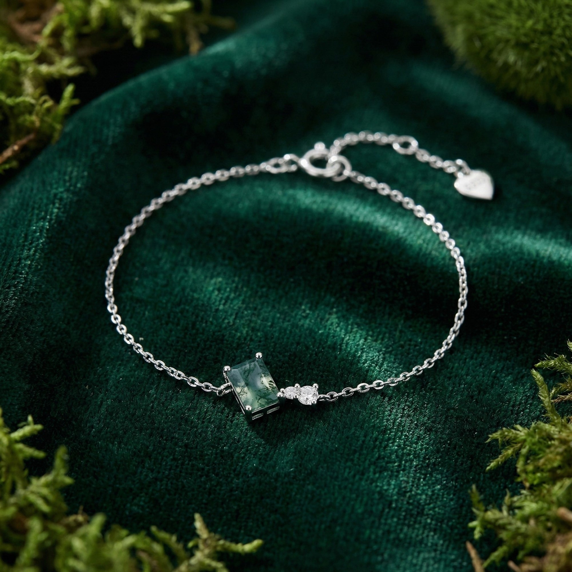 Square Cut Natural Moss Agate Charm Bracelet - S925 Sterling Silver