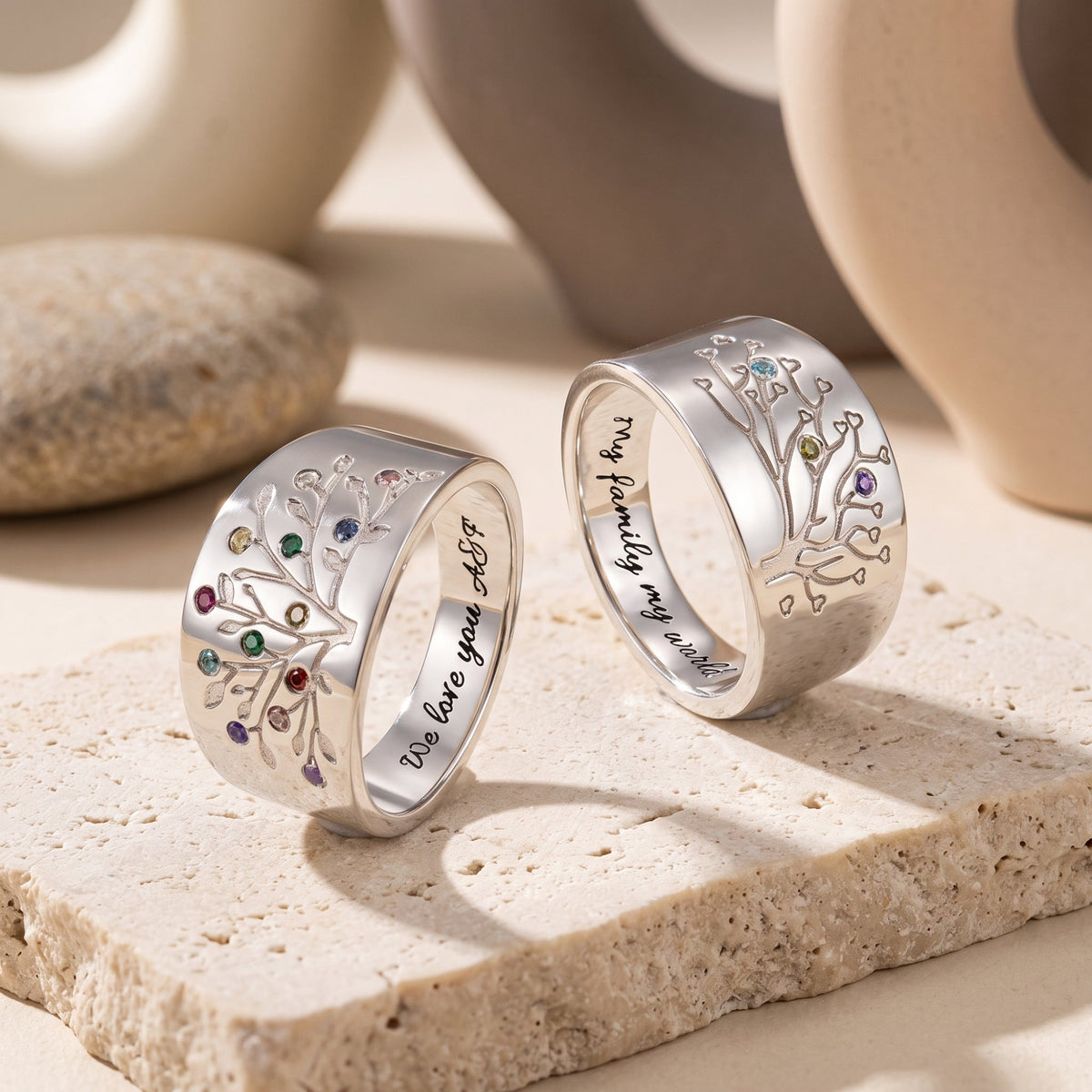 Solid gold family tree ring featuring simulated birthstones.