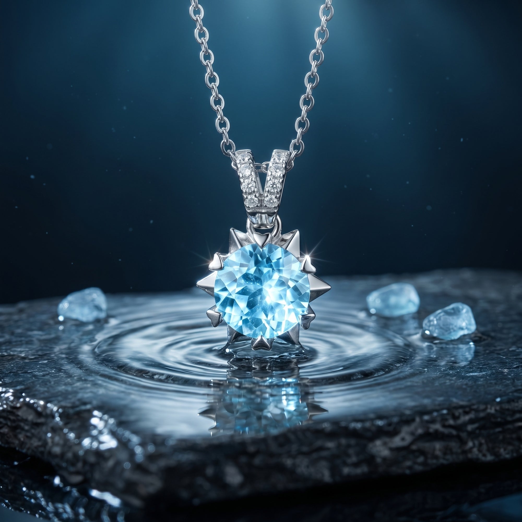 Round cut natural aquamarine pendant in platinum on a chain, displayed over water ripples and dark stone.
