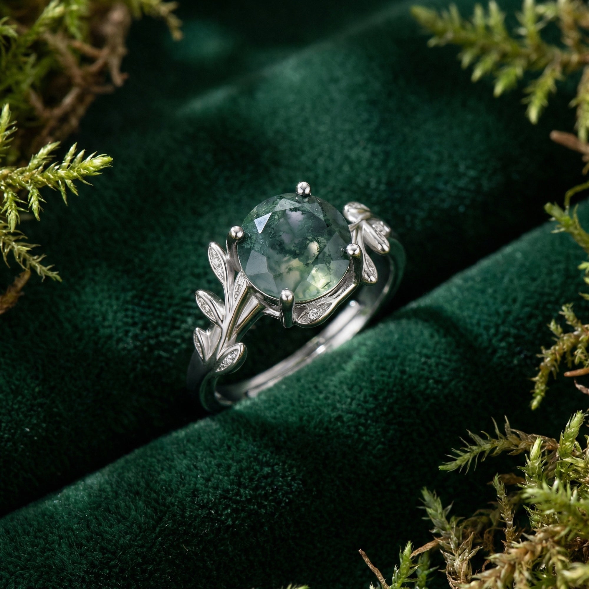 Floral Crest Natural Moss Agate Ring - S925 Sterling Silver