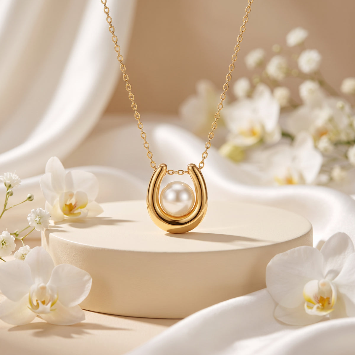 Gold-tone horseshoe pendant with a luminous pearl, displayed on a cylindrical pedestal among white orchids.