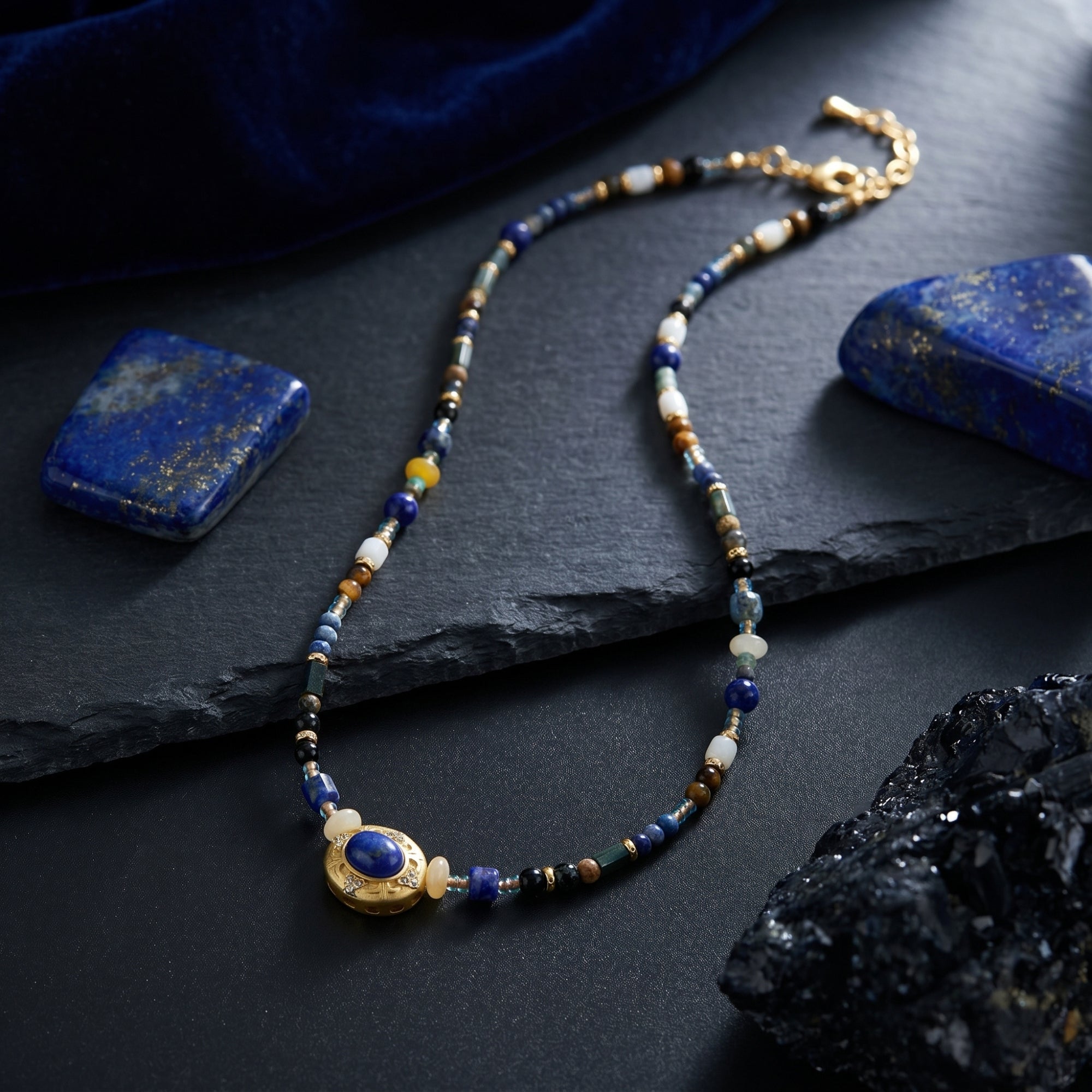Yellow gold plated beaded necklace with lapis lazuli and tiger's eye stones on a dark slate flat lay.