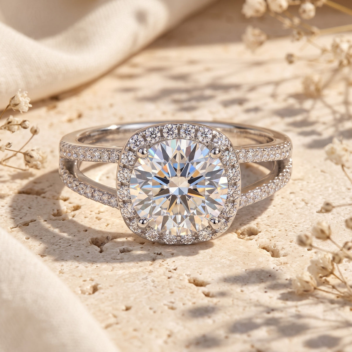 Front close-up of a silver ring with a sparkling round center gem, halo setting, and pave split band.