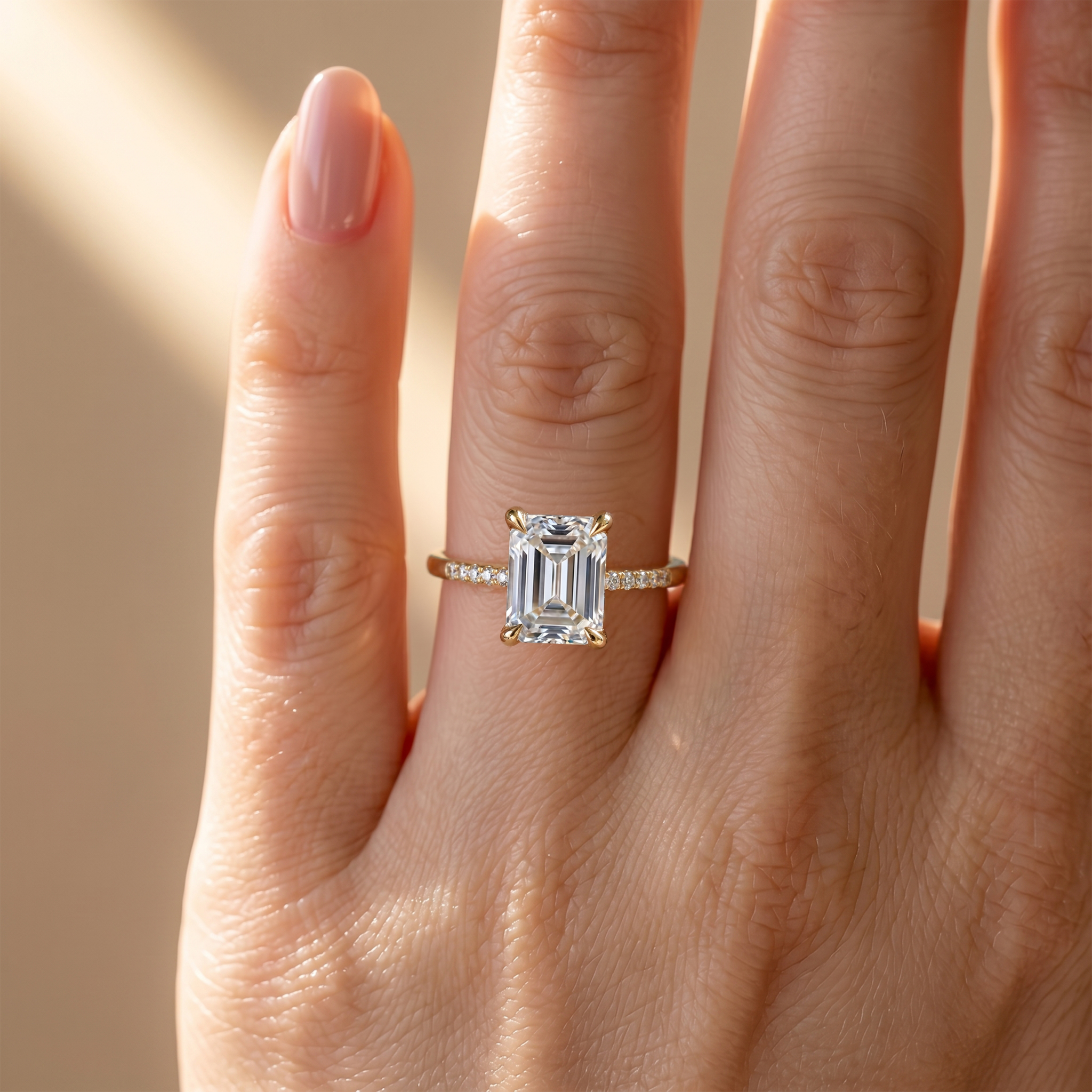 A close-up view of the yellow gold emerald-cut moissanite ring with a delicate diamond-accented band worn on a finger.