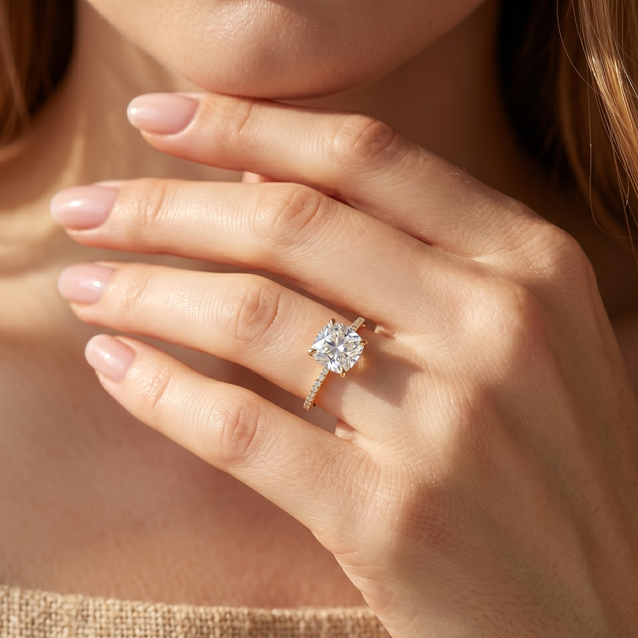 Close-up of a hand wearing a yellow gold cushion-cut moissanite engagement ring with a delicate diamond band.