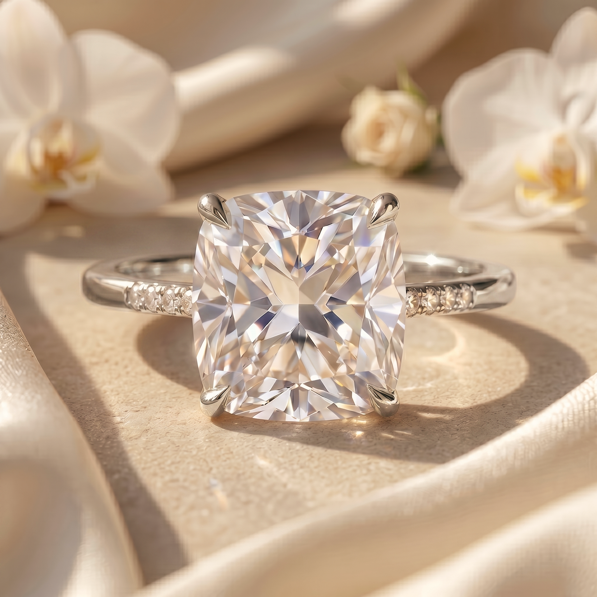 A cushion-cut moissanite engagement ring in white gold with a diamond-accented band, shown flat-lay on a cream satin background.