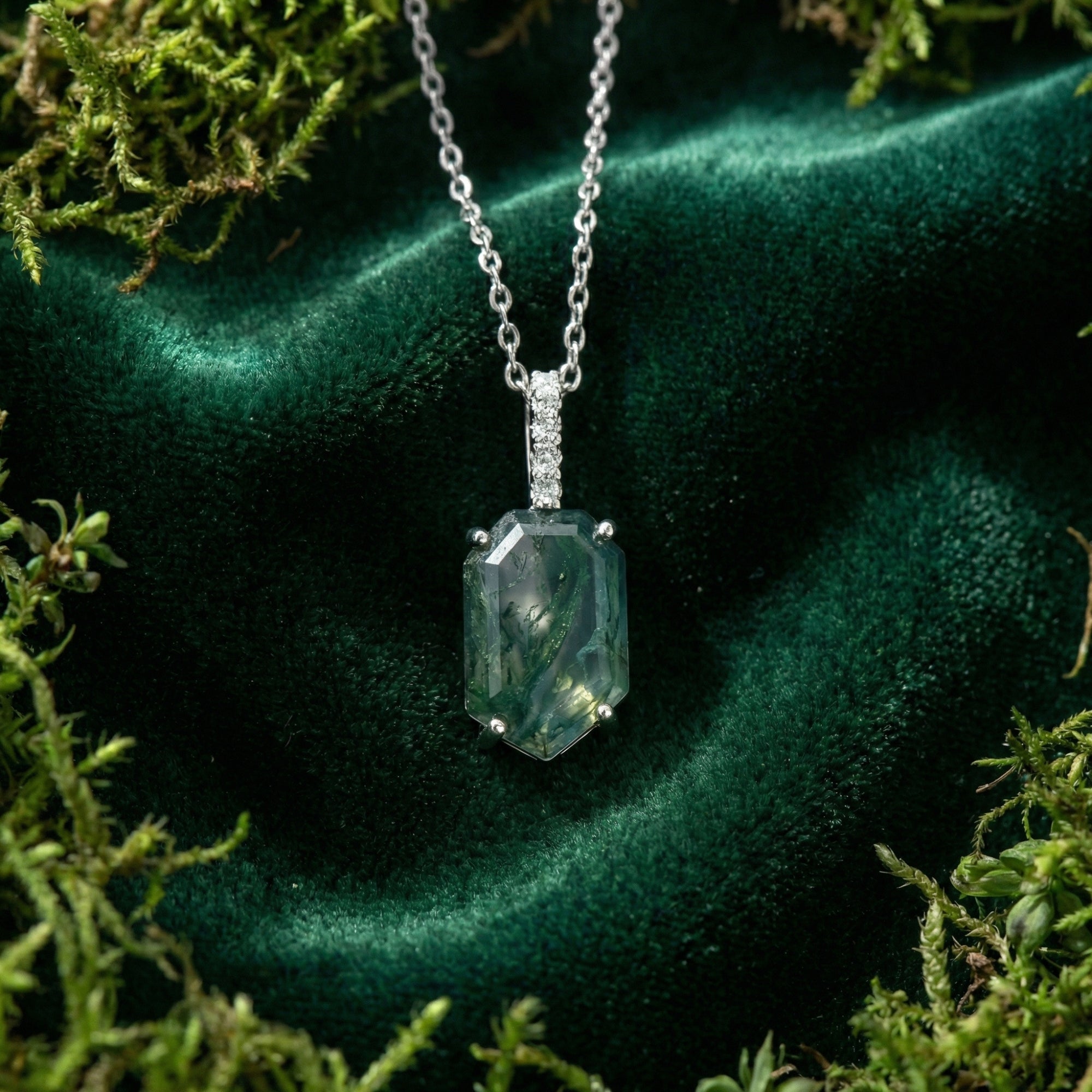 Coffin Cut Natural Moss Agate Column Pendant Necklace - S925 Sterling Silver