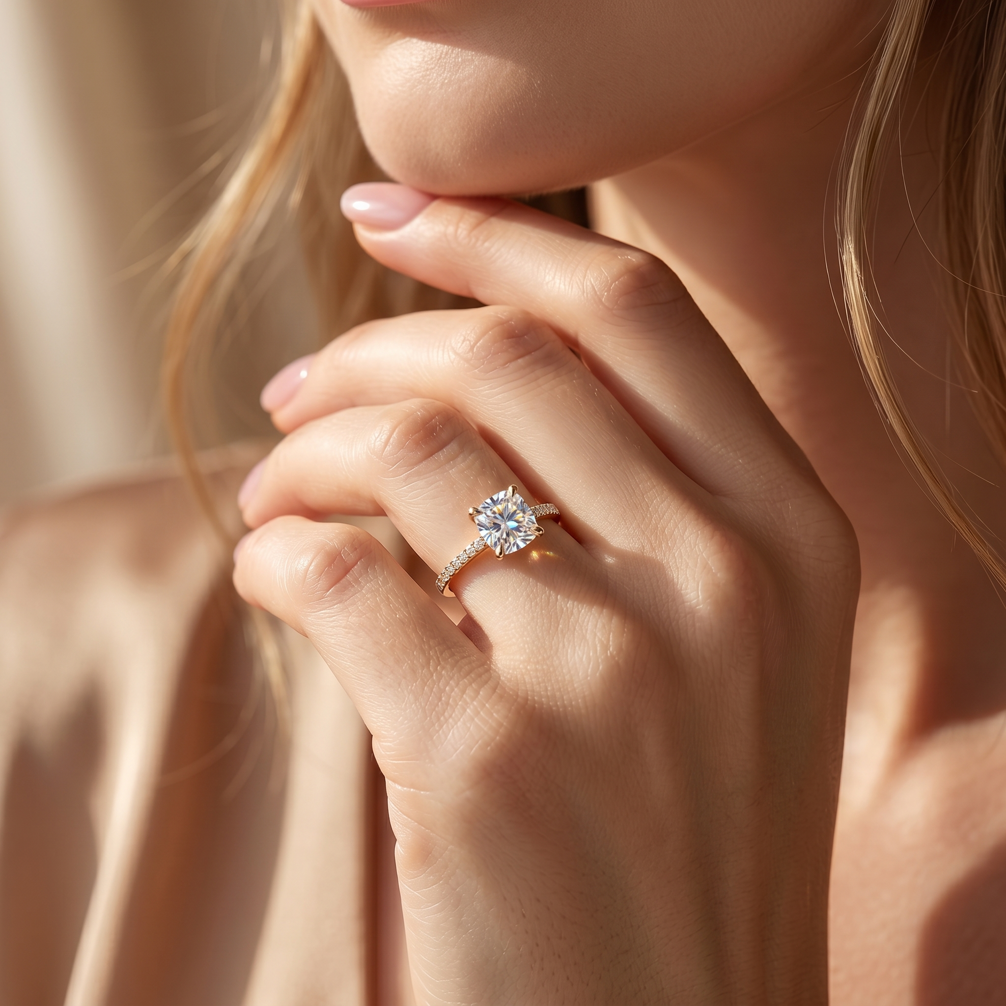 A woman's hand showcasing a yellow gold cushion-cut moissanite engagement ring on her ring finger.