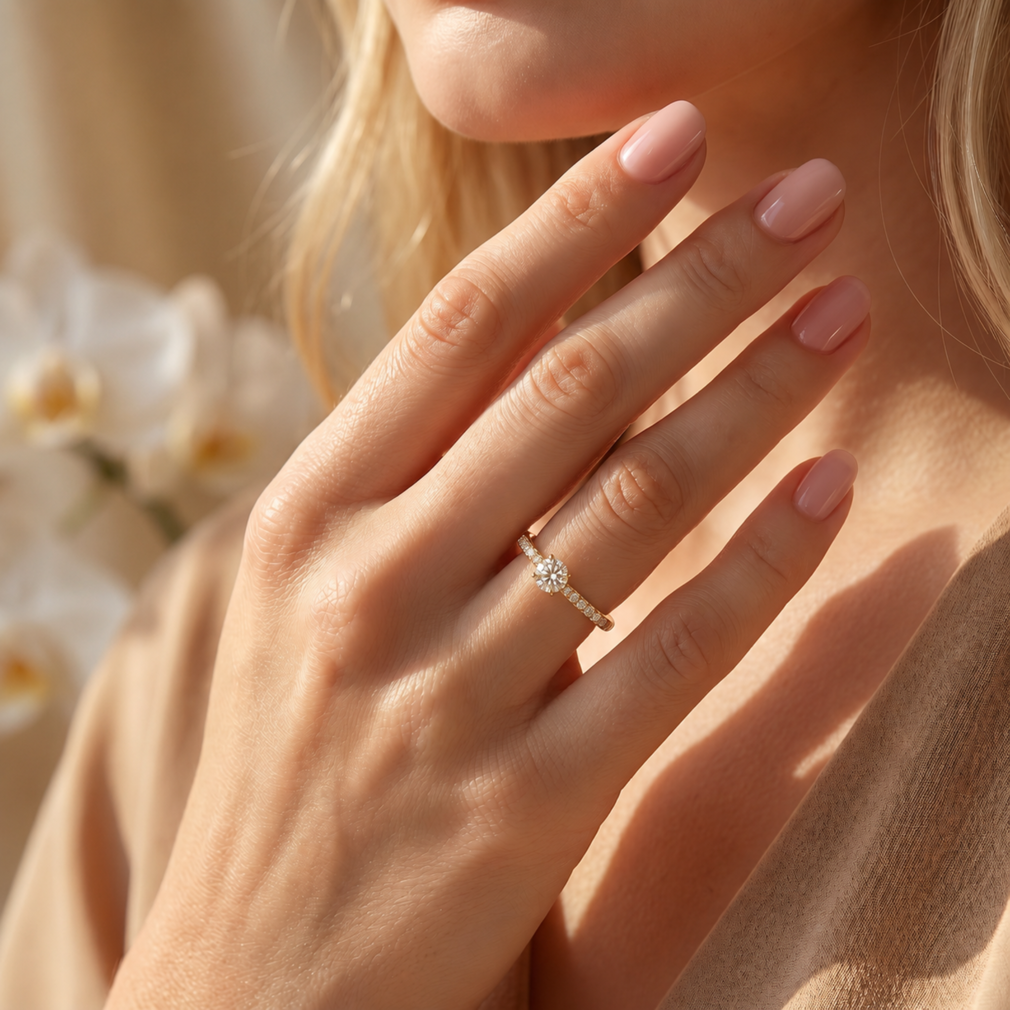 A woman wearing a delicate yellow gold moissanite engagement ring with a pavé band on her ring finger.