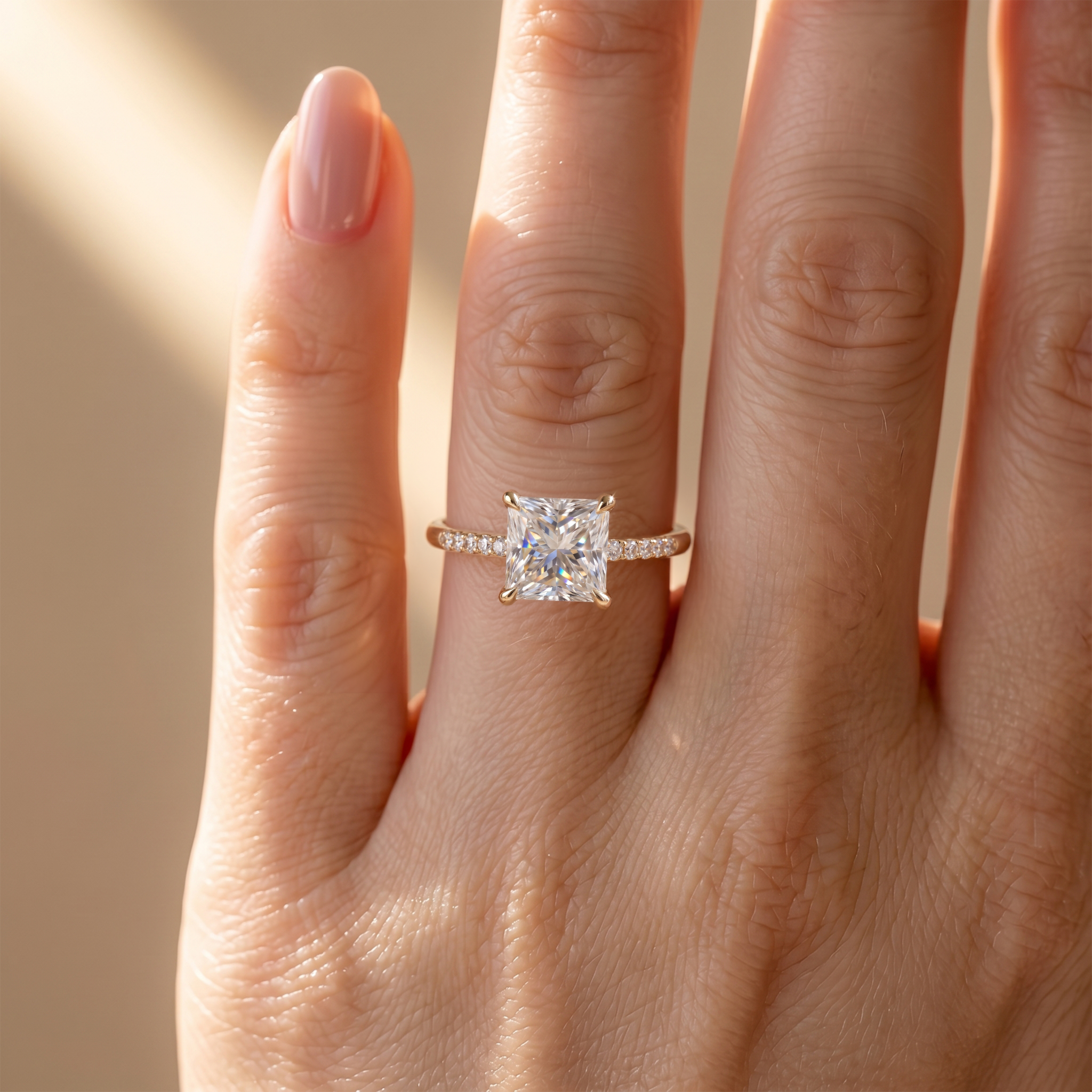 A close-up view of a princess-cut yellow gold moissanite engagement ring worn on a hand.