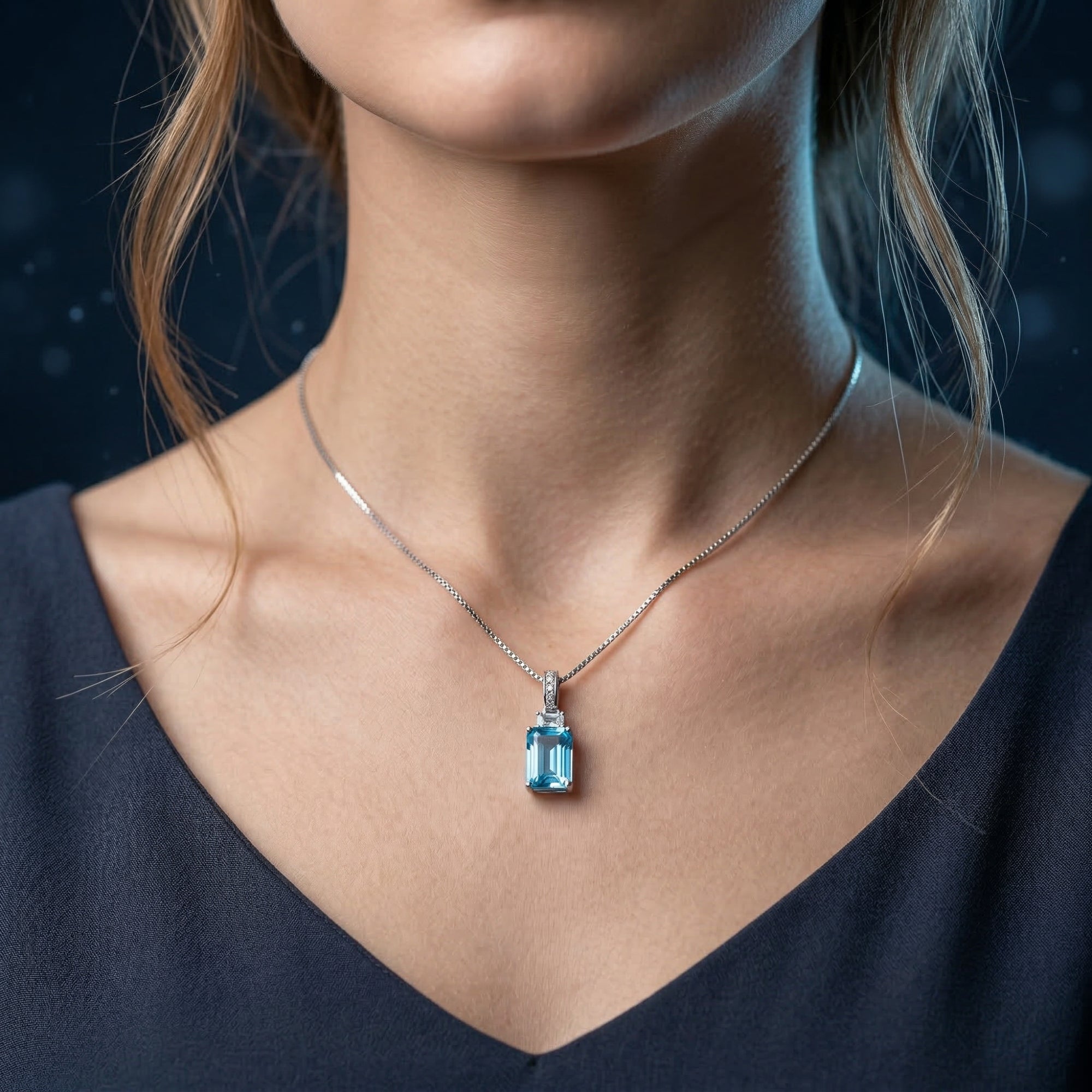 Model wearing the Coraline emerald cut blue topaz necklace in silver against a dark blue background.