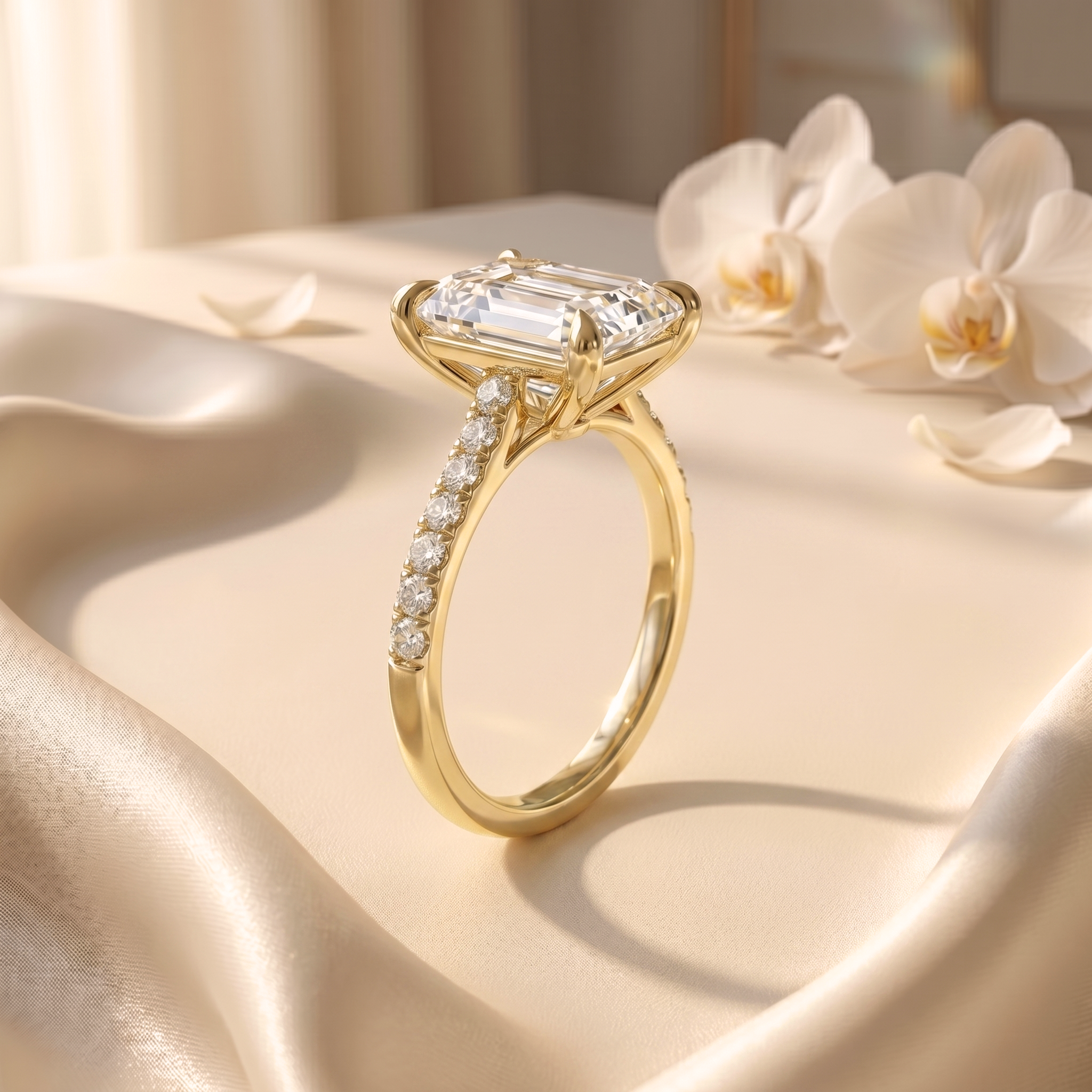 A side profile view of the yellow gold moissanite engagement ring showcasing its intricate cathedral setting and pavé band.