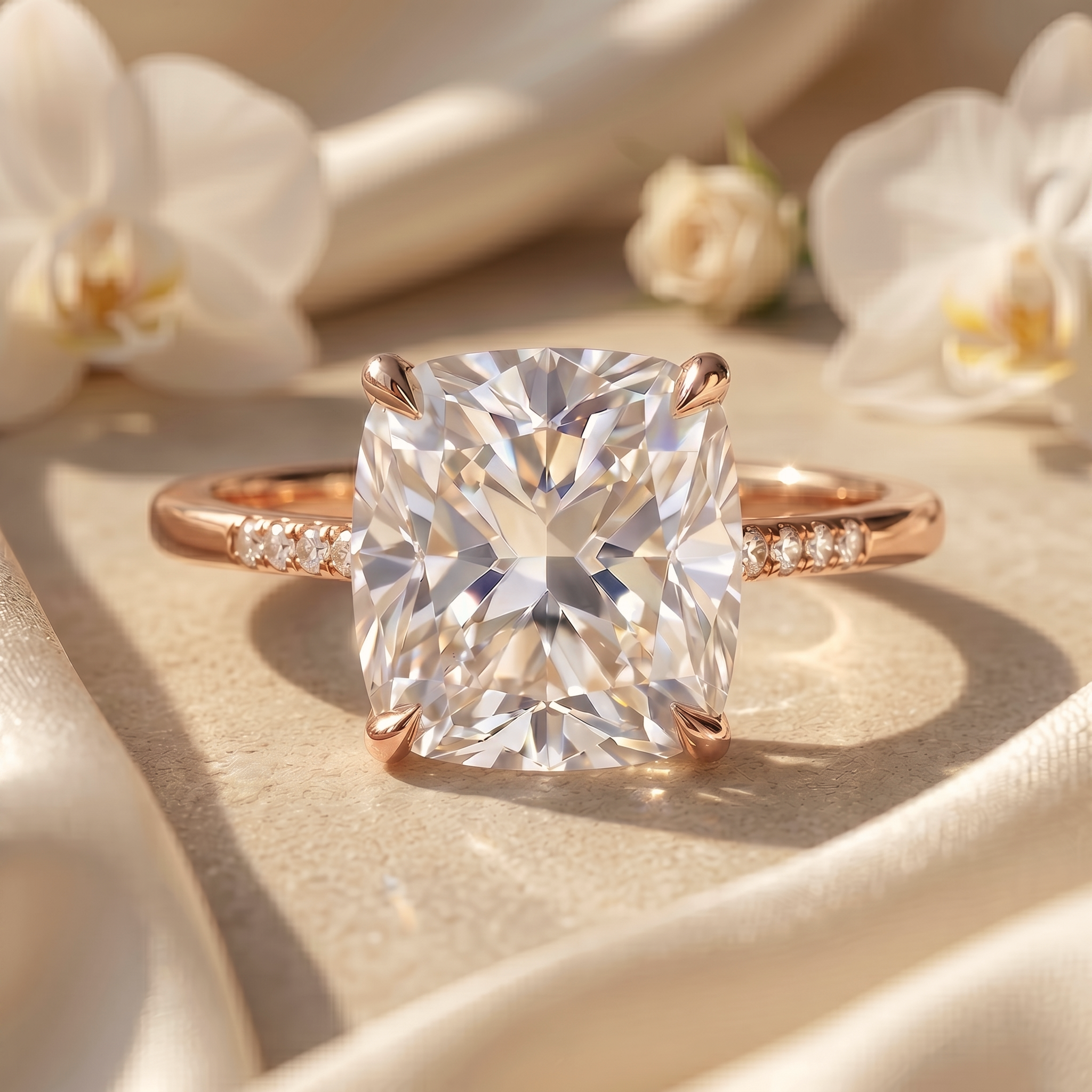 A cushion-cut moissanite engagement ring in rose gold with a diamond-accented band, shown flat-lay on a cream satin background.