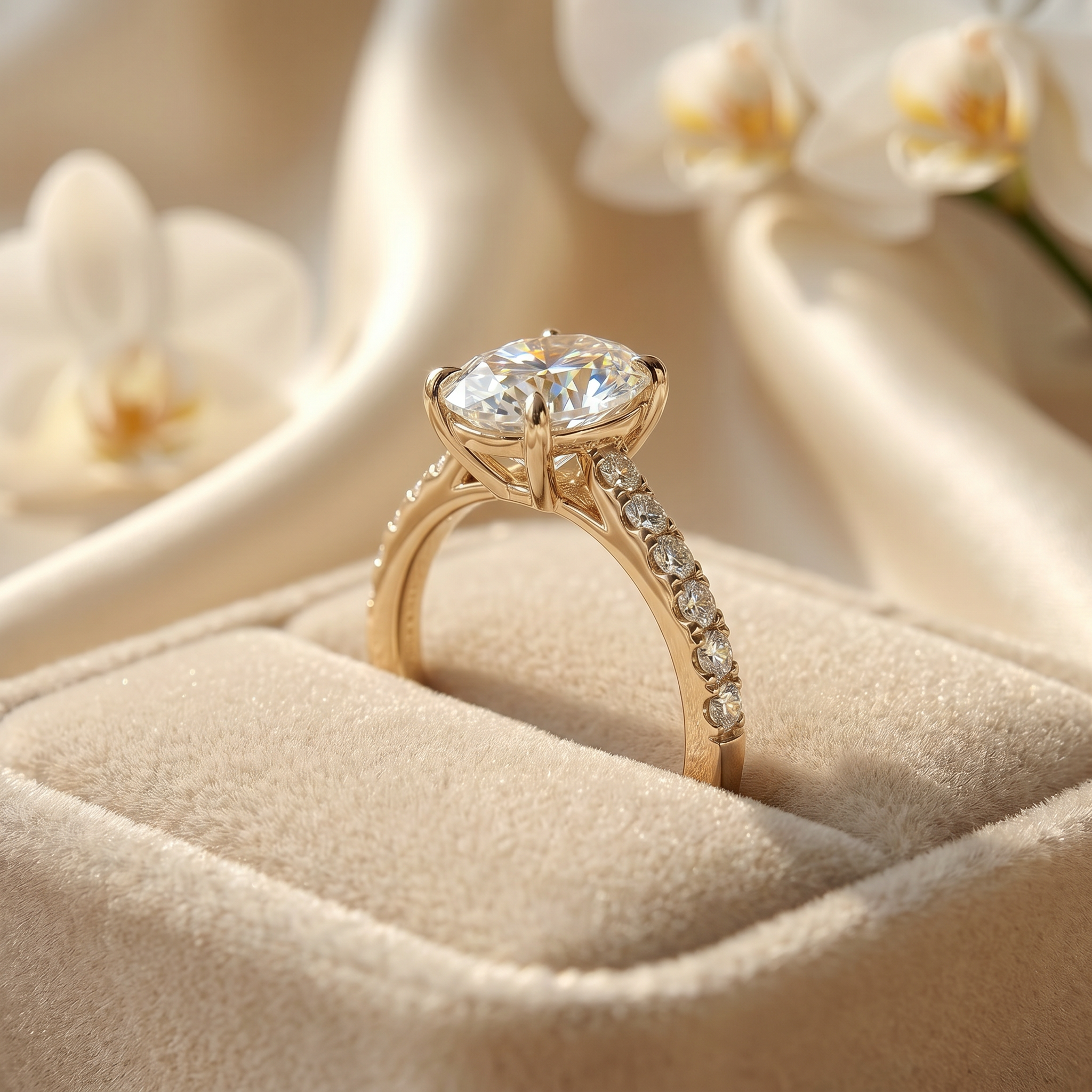 Side-profile view of an oval-cut moissanite ring in a yellow gold pavé setting, resting in a beige velvet ring box.