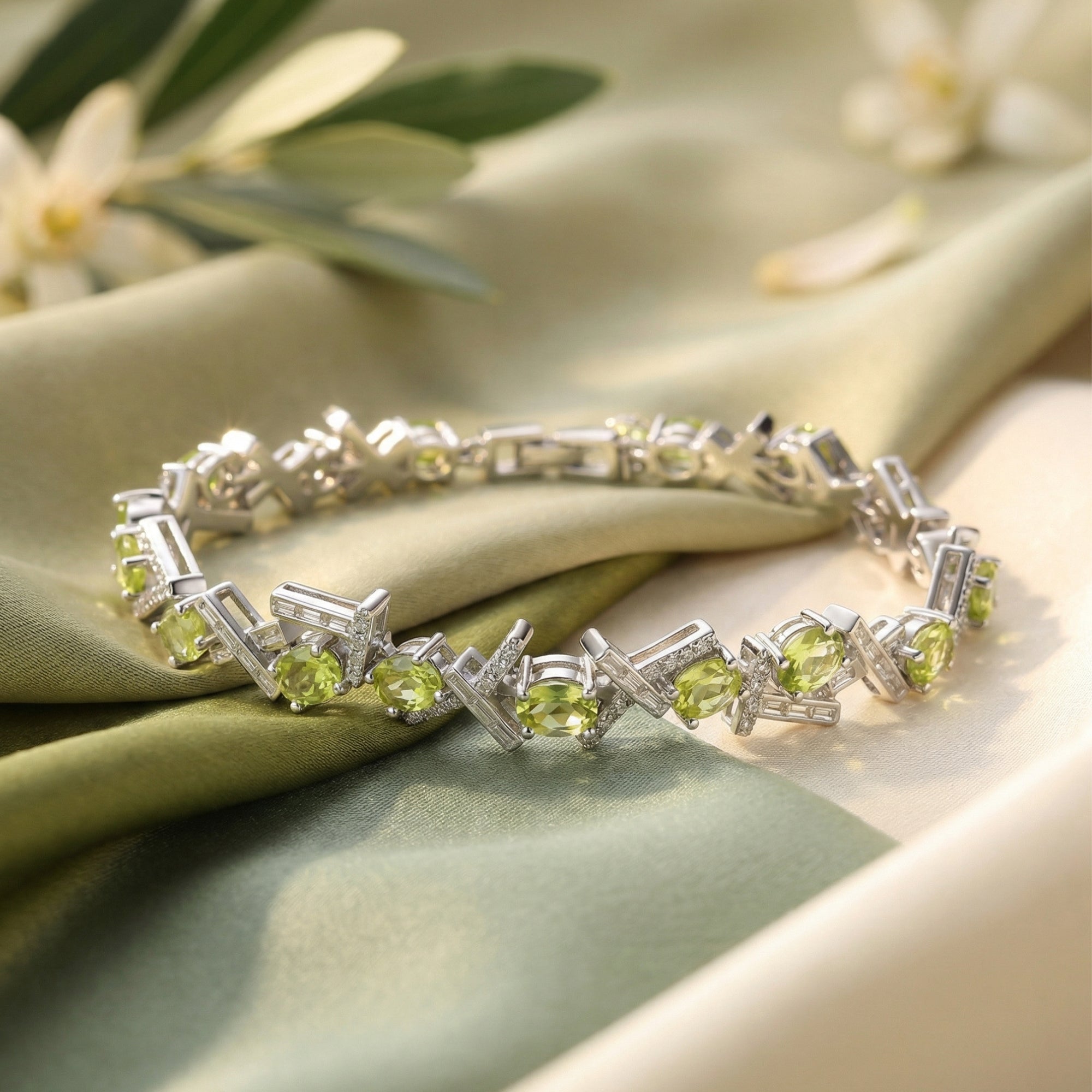 Detailed view of oval cut natural green peridot gemstones in a sterling silver bracelet on green fabric.