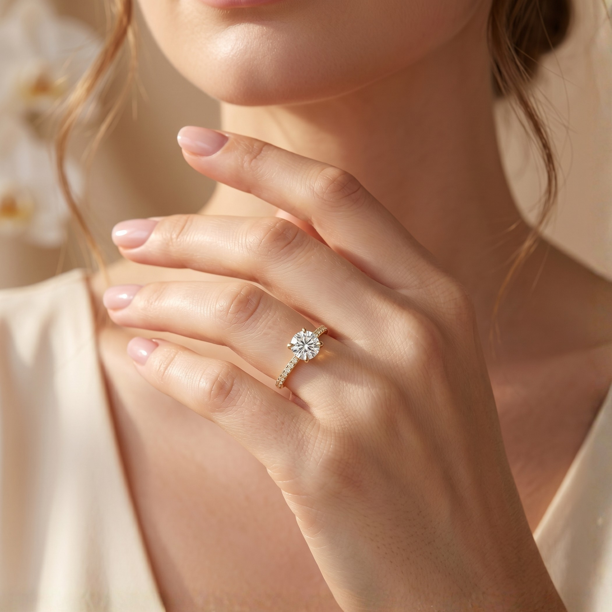 Close-up of a model showcasing a round-cut moissanite engagement ring with a yellow gold diamond band.