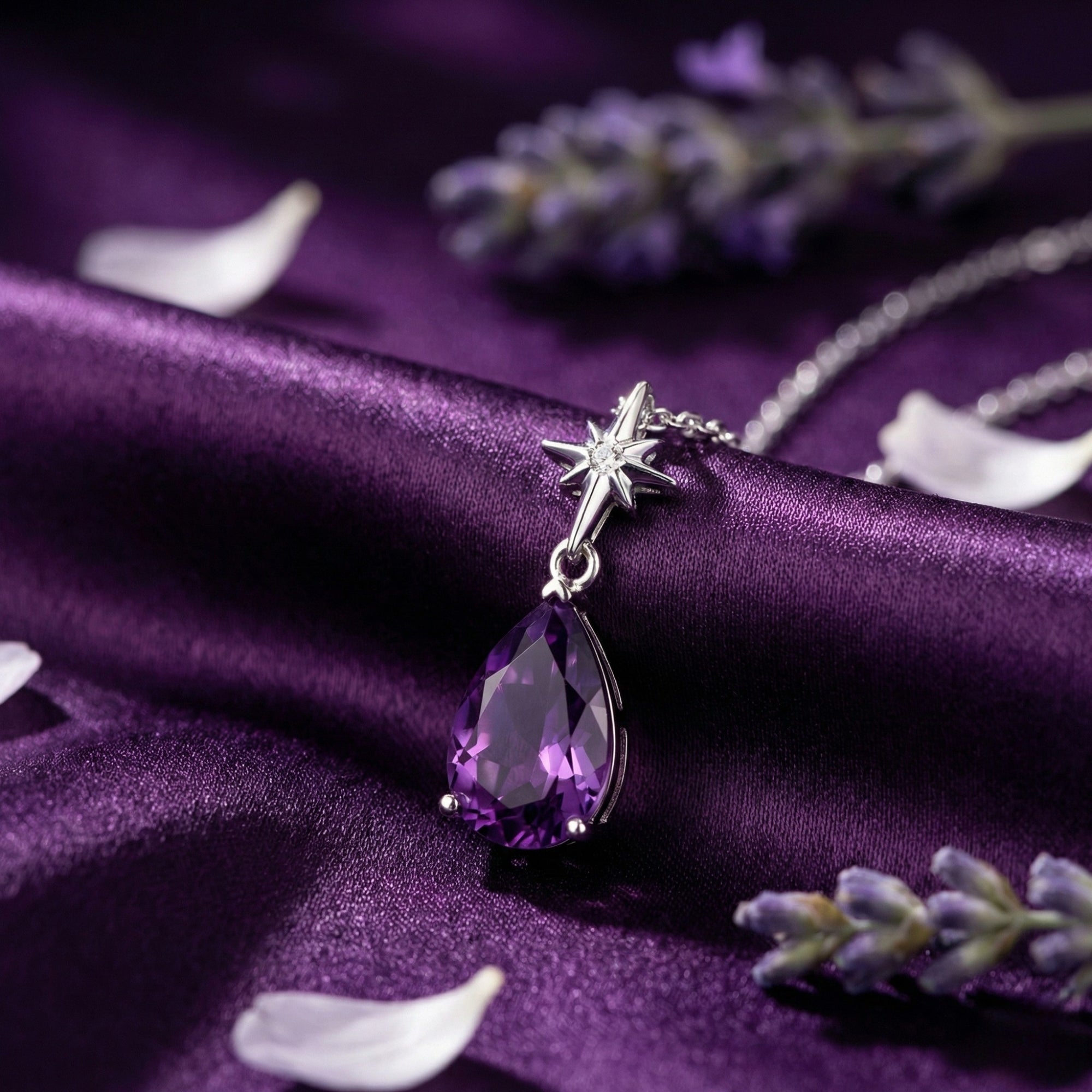 Detailed macro view of a pear cut purple amethyst pendant with a sterling silver star bail on purple satin.
