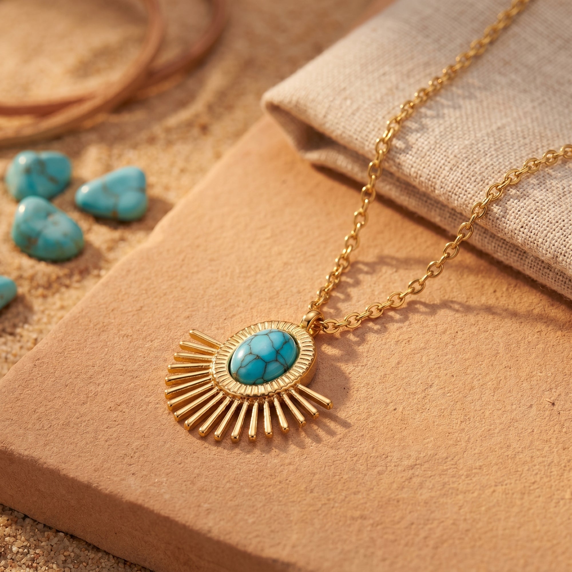 Close-up of the gold sunburst medallion necklace featuring a vibrant oval turquoise stone on a textured stone.