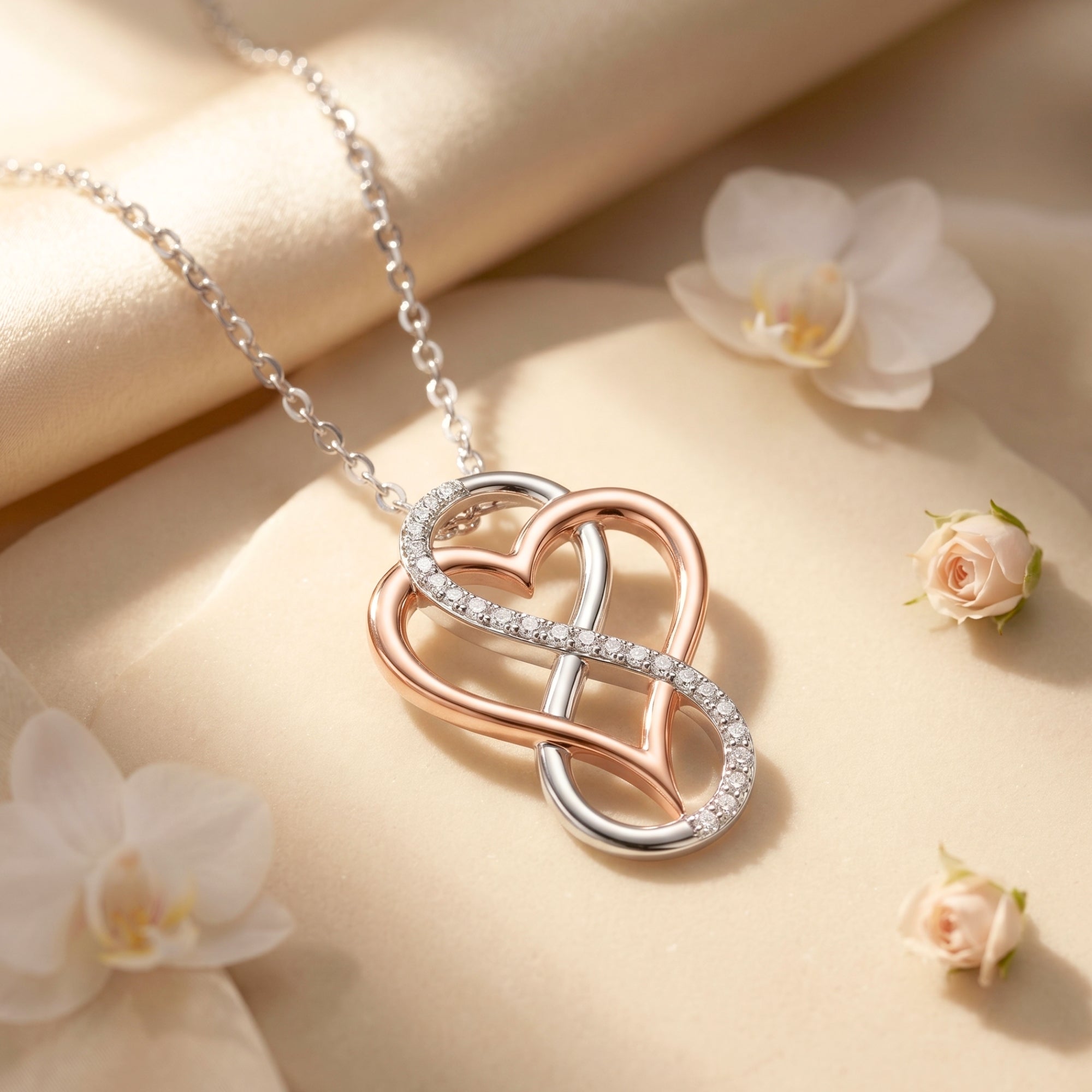 Close-up of the two-tone infinity heart pendant and round moissanite stones.