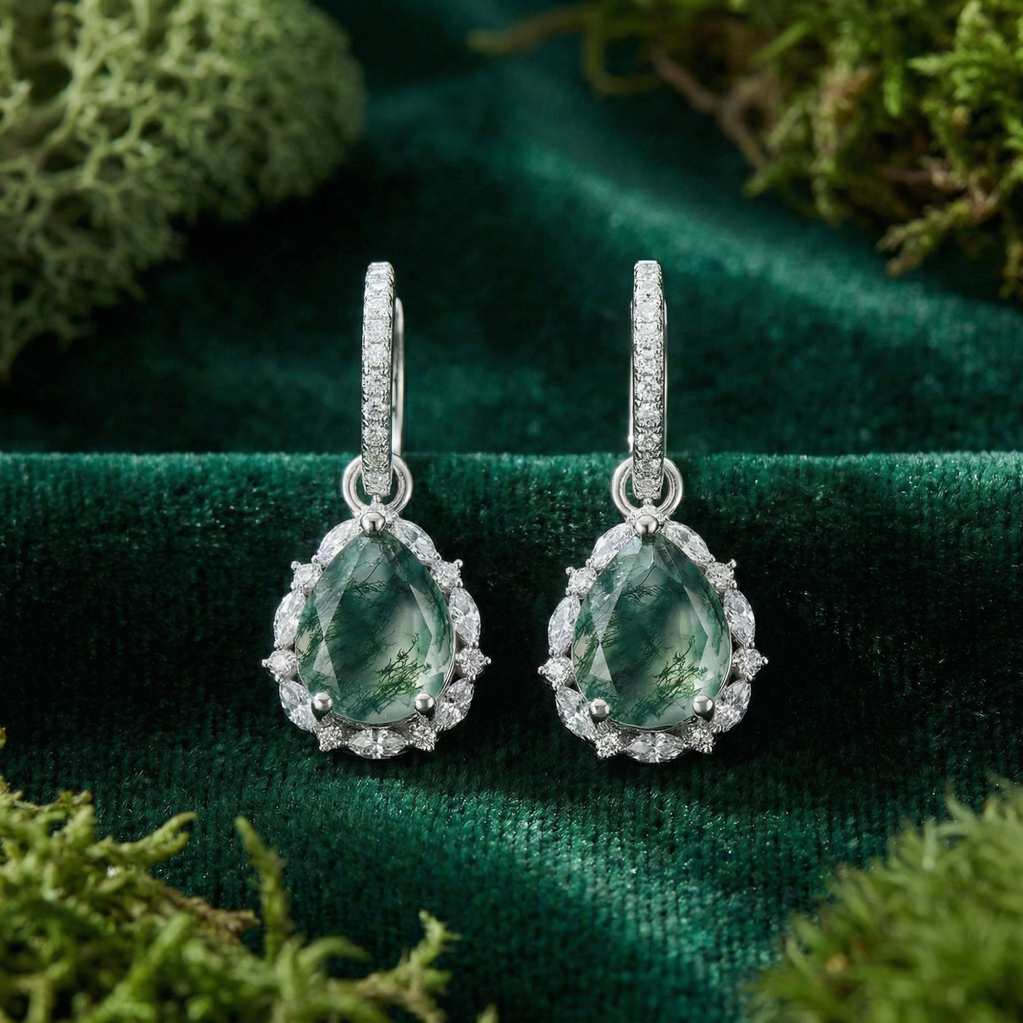 Teardrop Halo Natural Moss Agate Leverback Earrings - S925 Sterling Silver