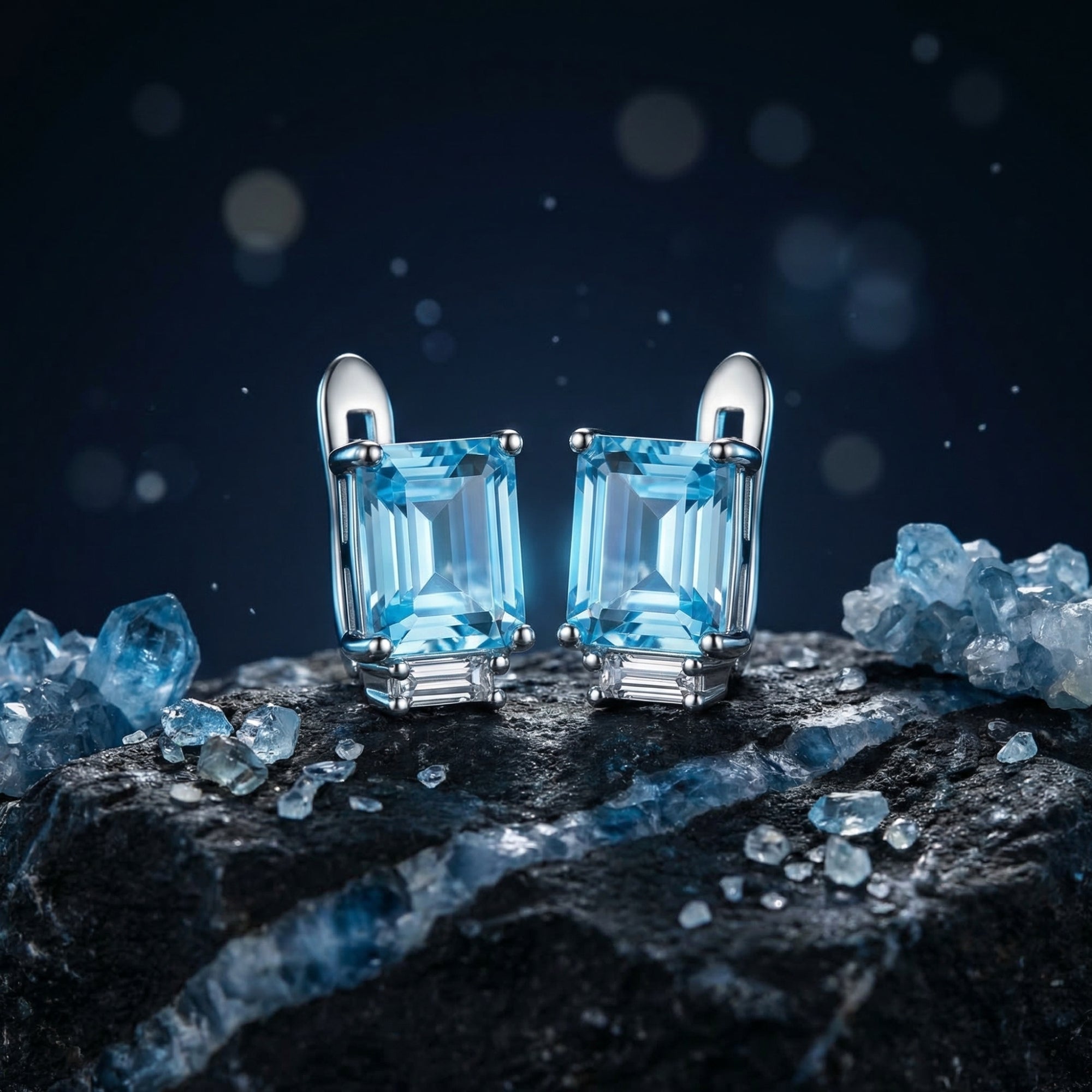 Macro view of emerald cut natural blue topaz earrings in silver, showing the detailed step-cut facets.