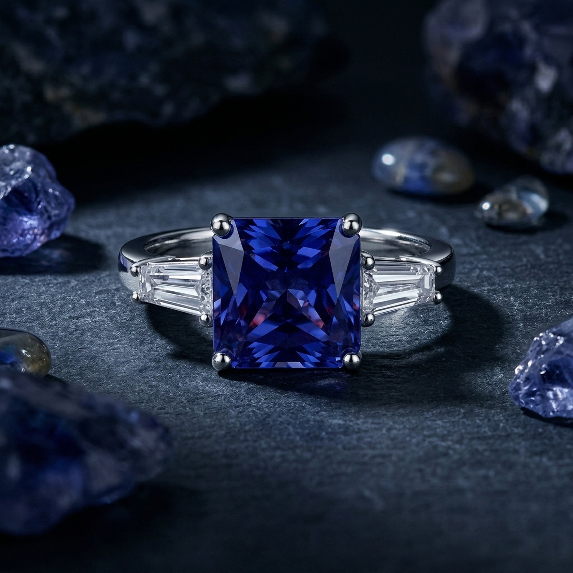Close-up of a princess-cut tanzanite and sterling silver ring with baguette side stones on a dark background.