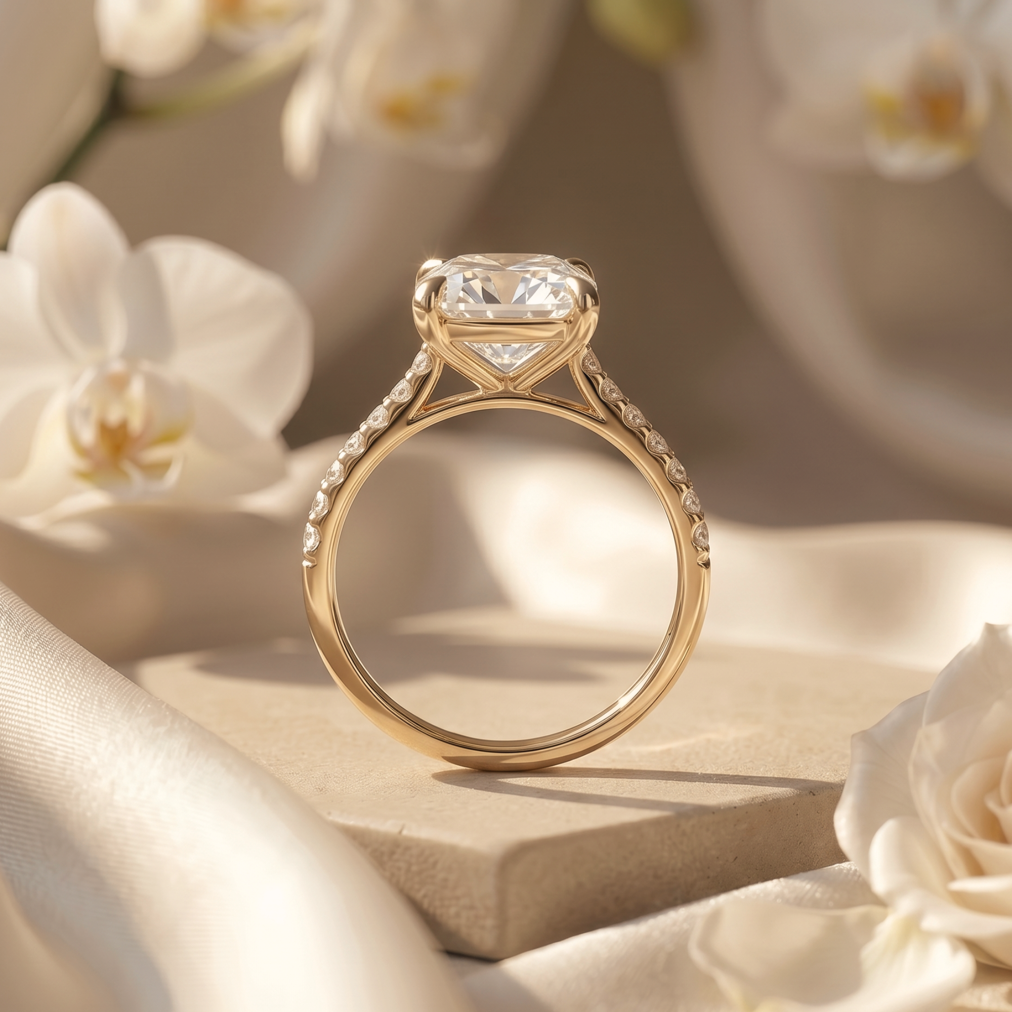 A side profile view of a yellow gold cushion-cut moissanite engagement ring, showcasing its elegant basket setting and diamond-encrusted band.