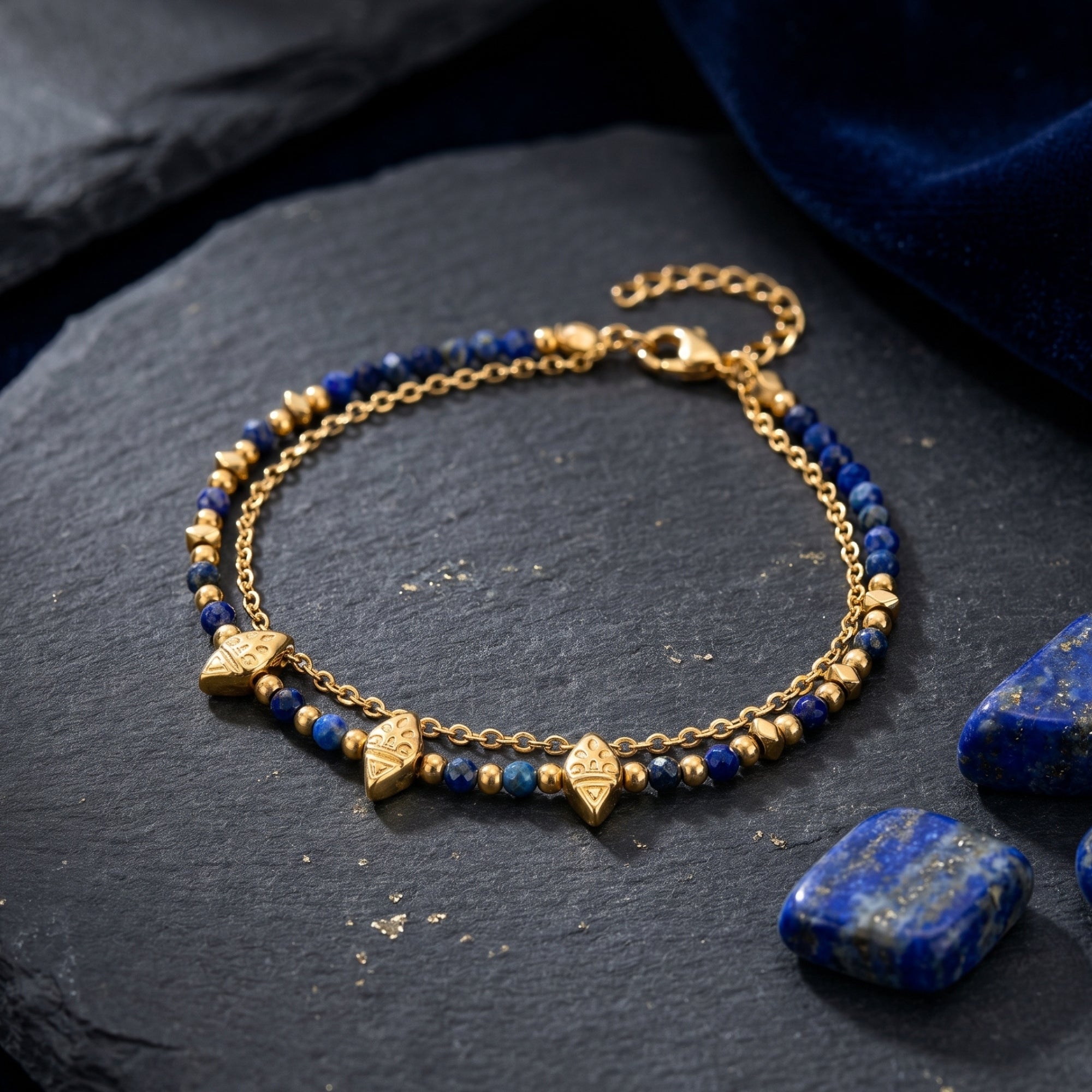 Top view of the 18k gold-plated stainless steel lapis bead bracelet resting on a dark textured stone.
