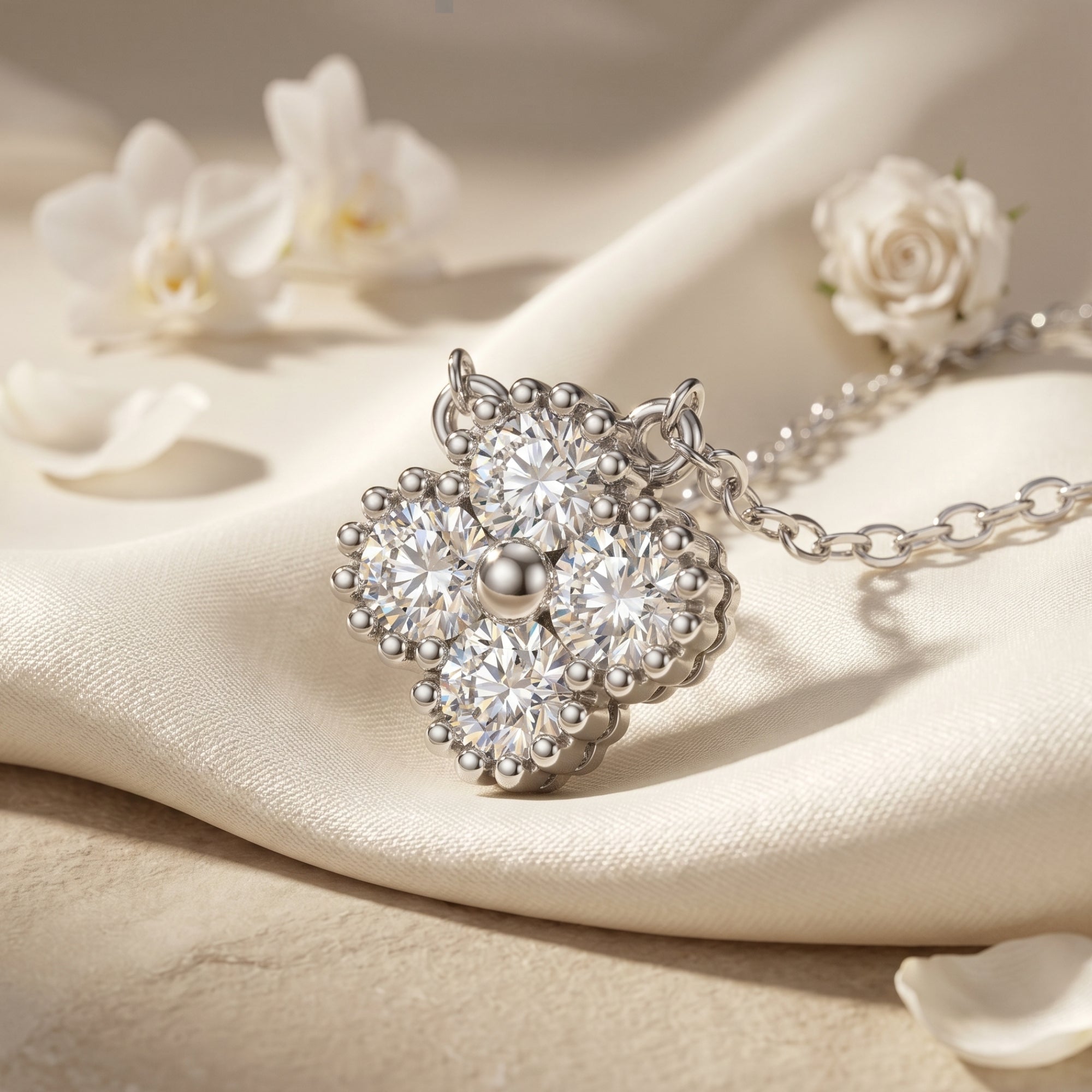 Silver clover pendant with round moissanite stones macro view.