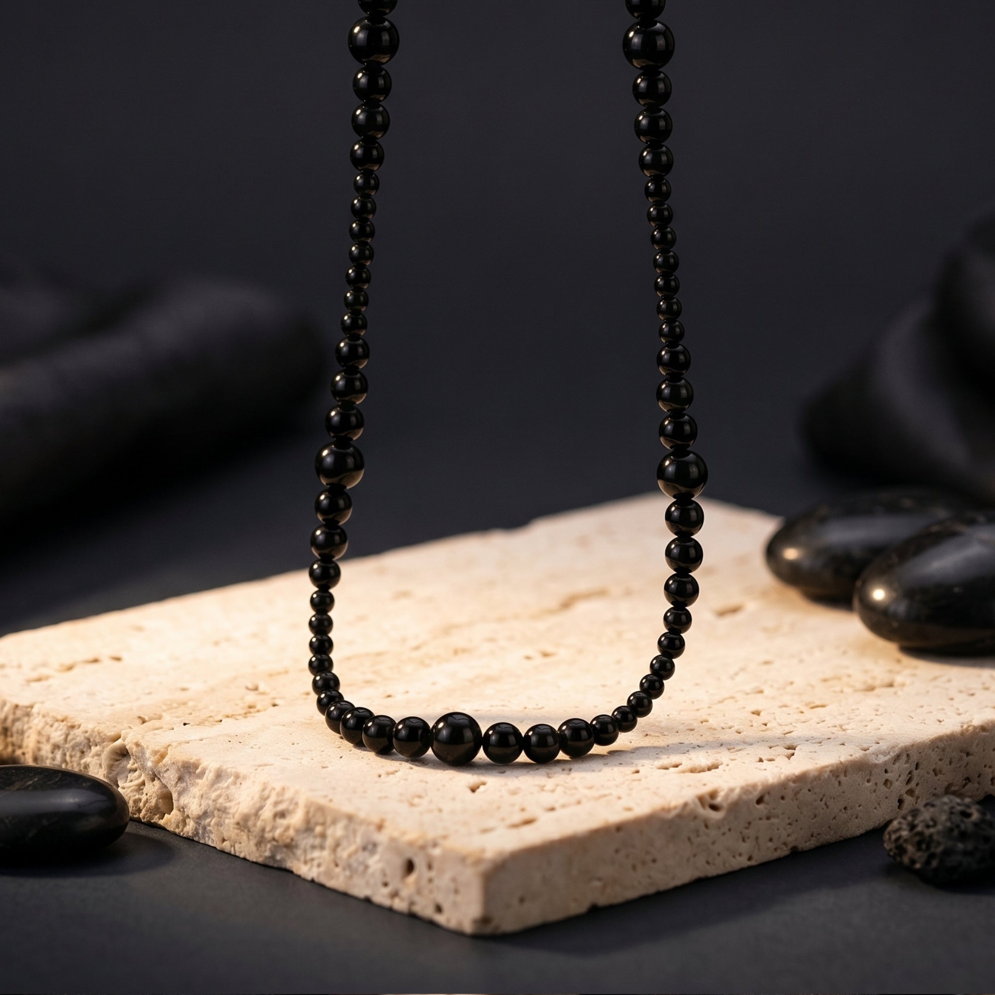 Close-up of the graduated natural black onyx beads showing the polished finish and varying sizes.