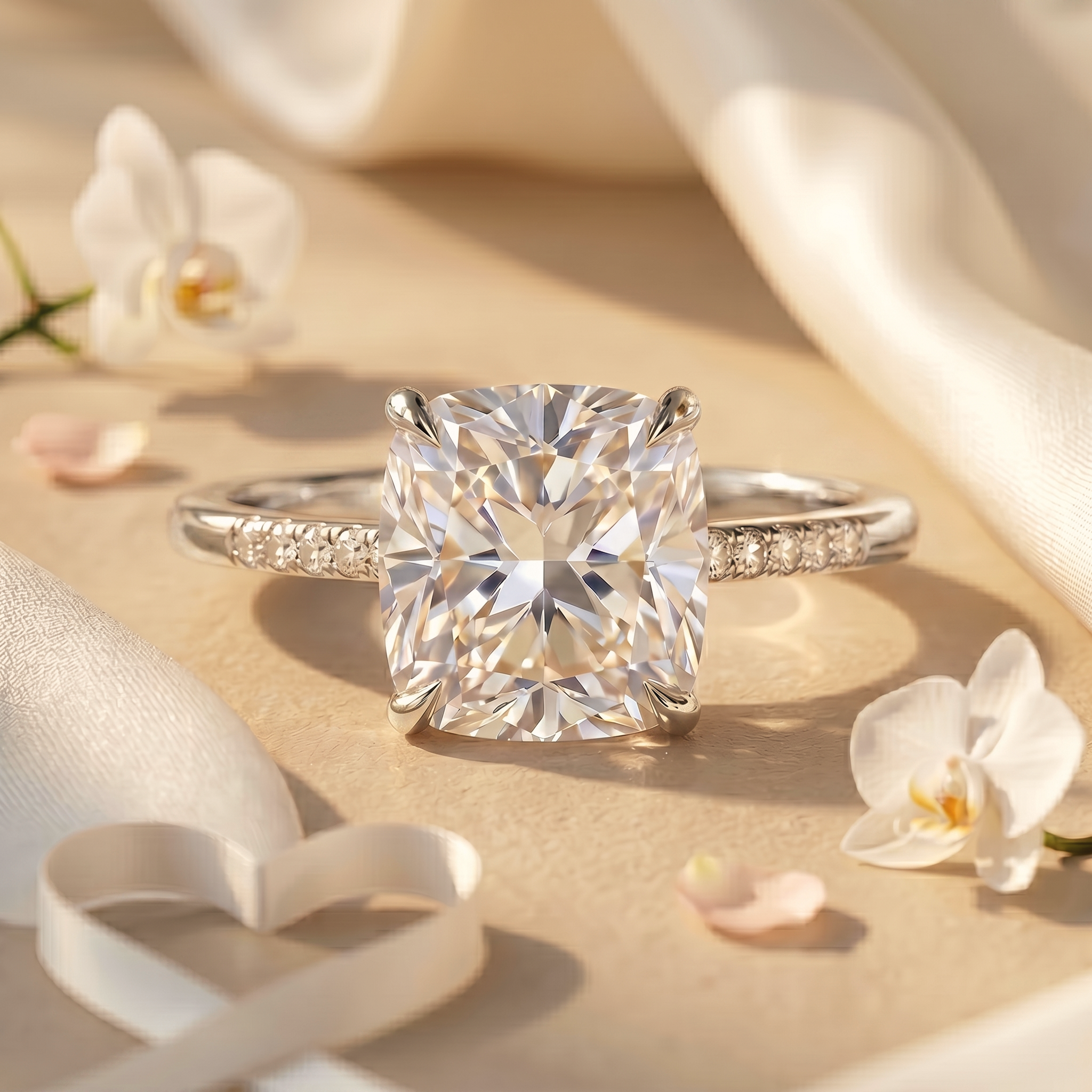 A brilliant white gold cushion-cut moissanite engagement ring featuring a sparkling diamond accent band.