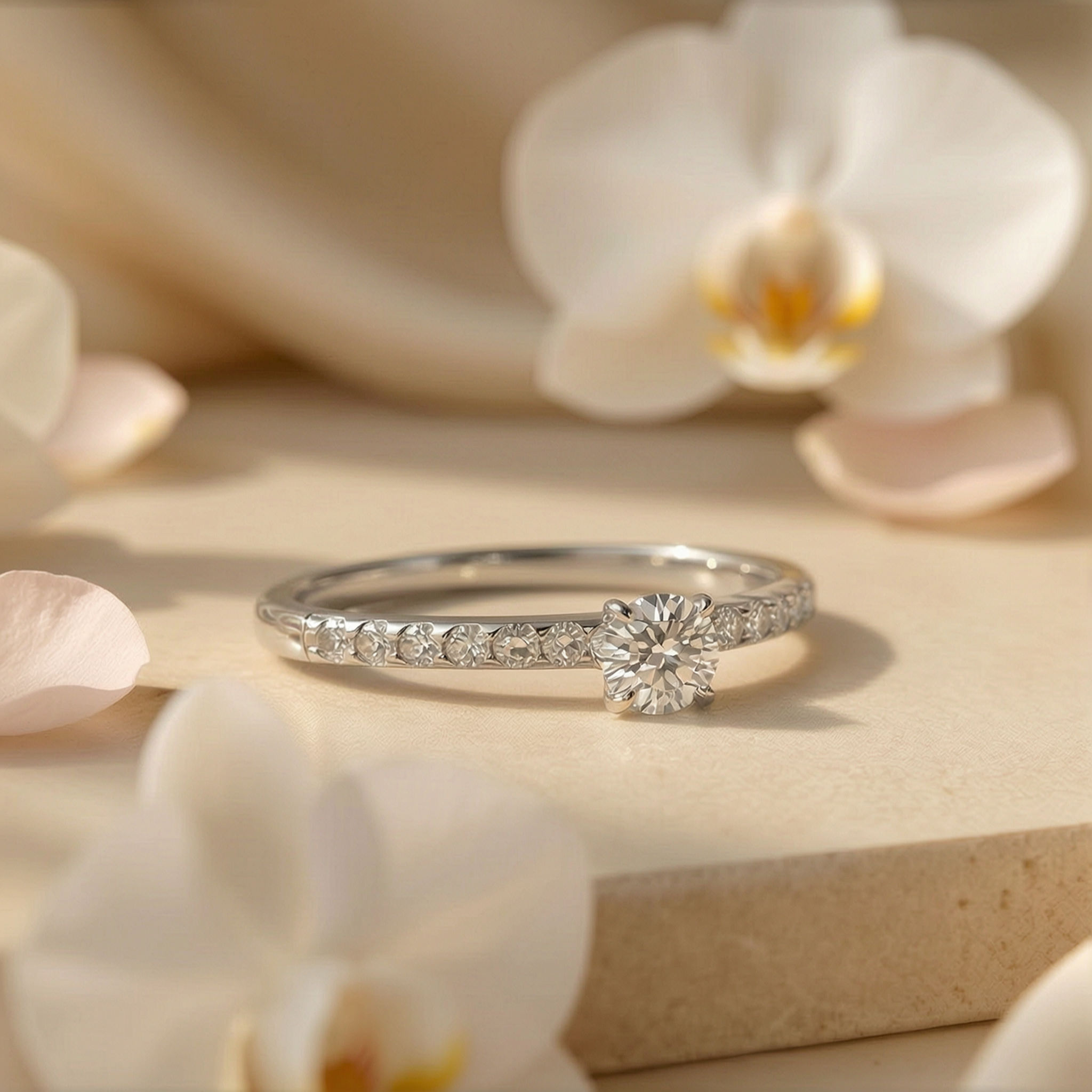 A round-cut moissanite engagement ring in white gold with a pavé band, resting on a beige stone tile next to white orchids.