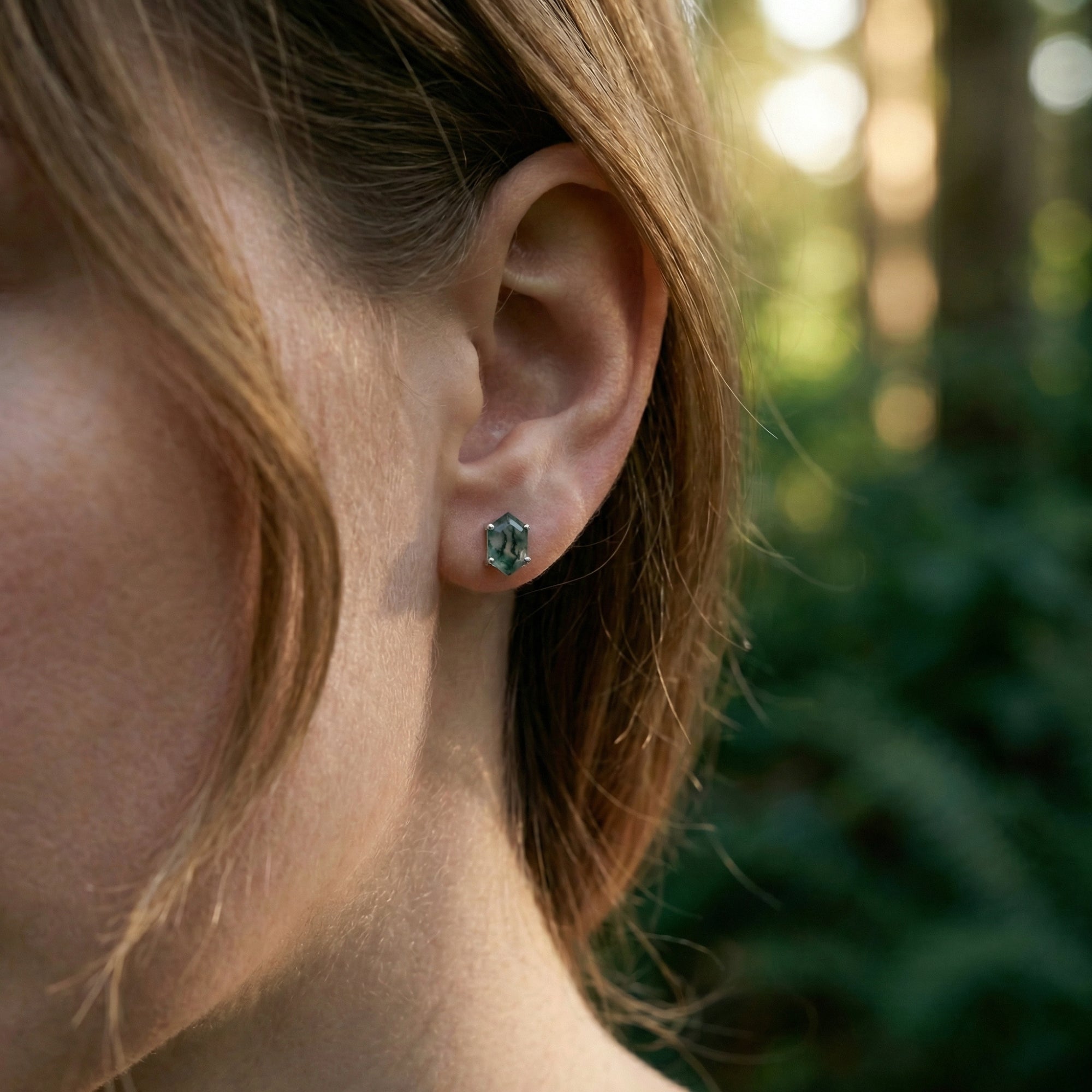 Coffin Cut Natural Moss Agate Stud Earrings - S925 Sterling Silver