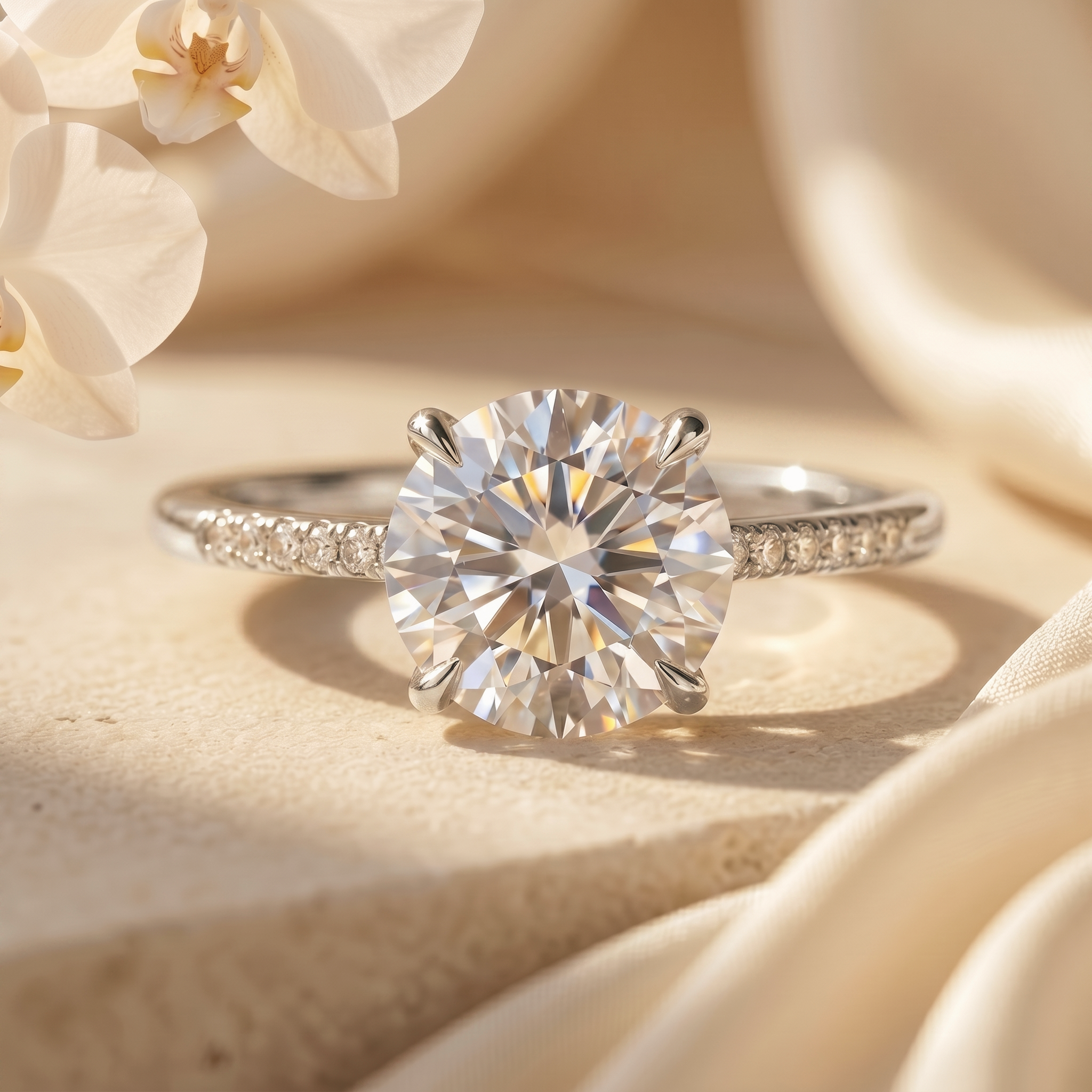 A round brilliant cut moissanite engagement ring in white gold with a diamond pavé band, set against elegant silk draping.