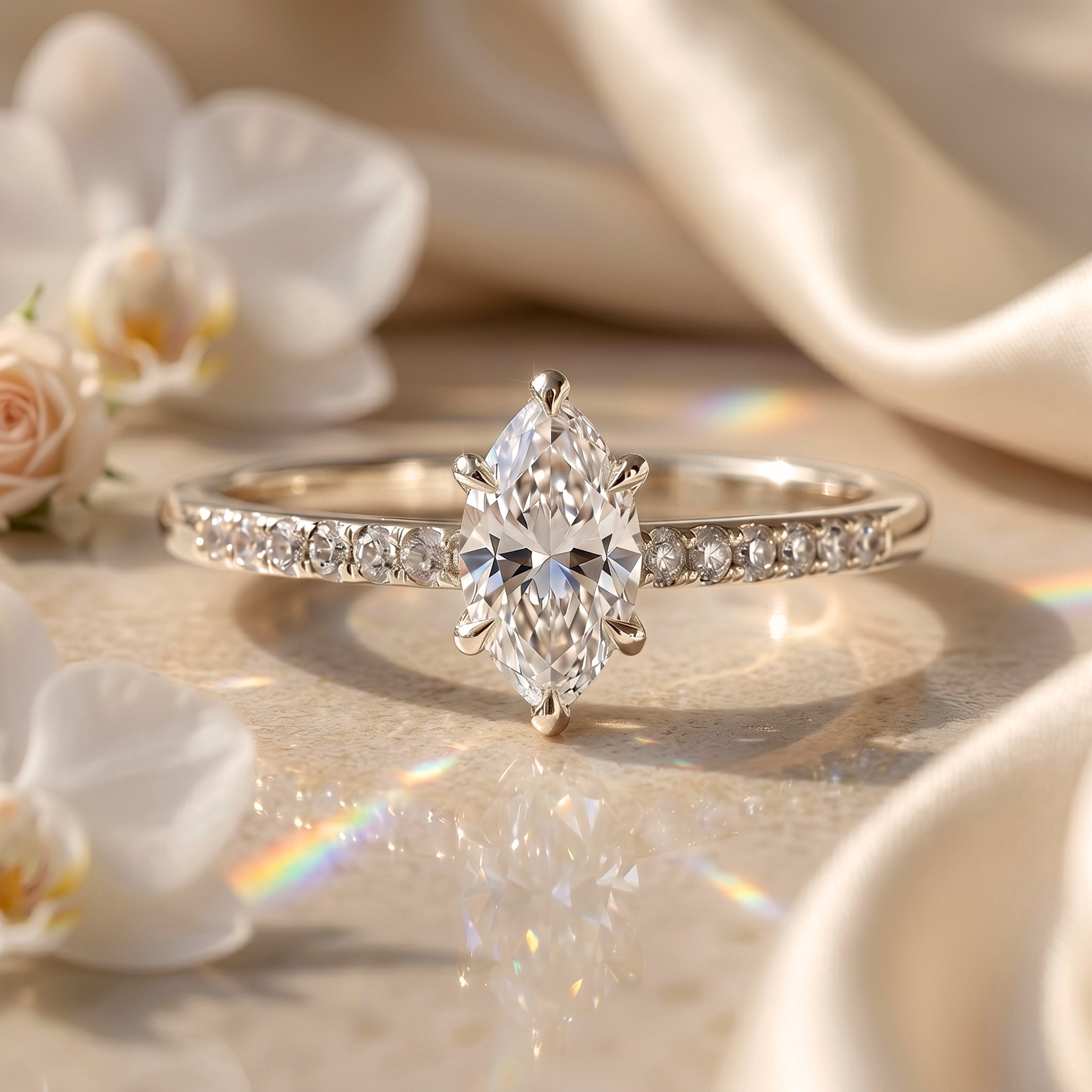 A classic white gold marquise-cut moissanite engagement ring with a pavé diamond band set against delicate white floral accents.