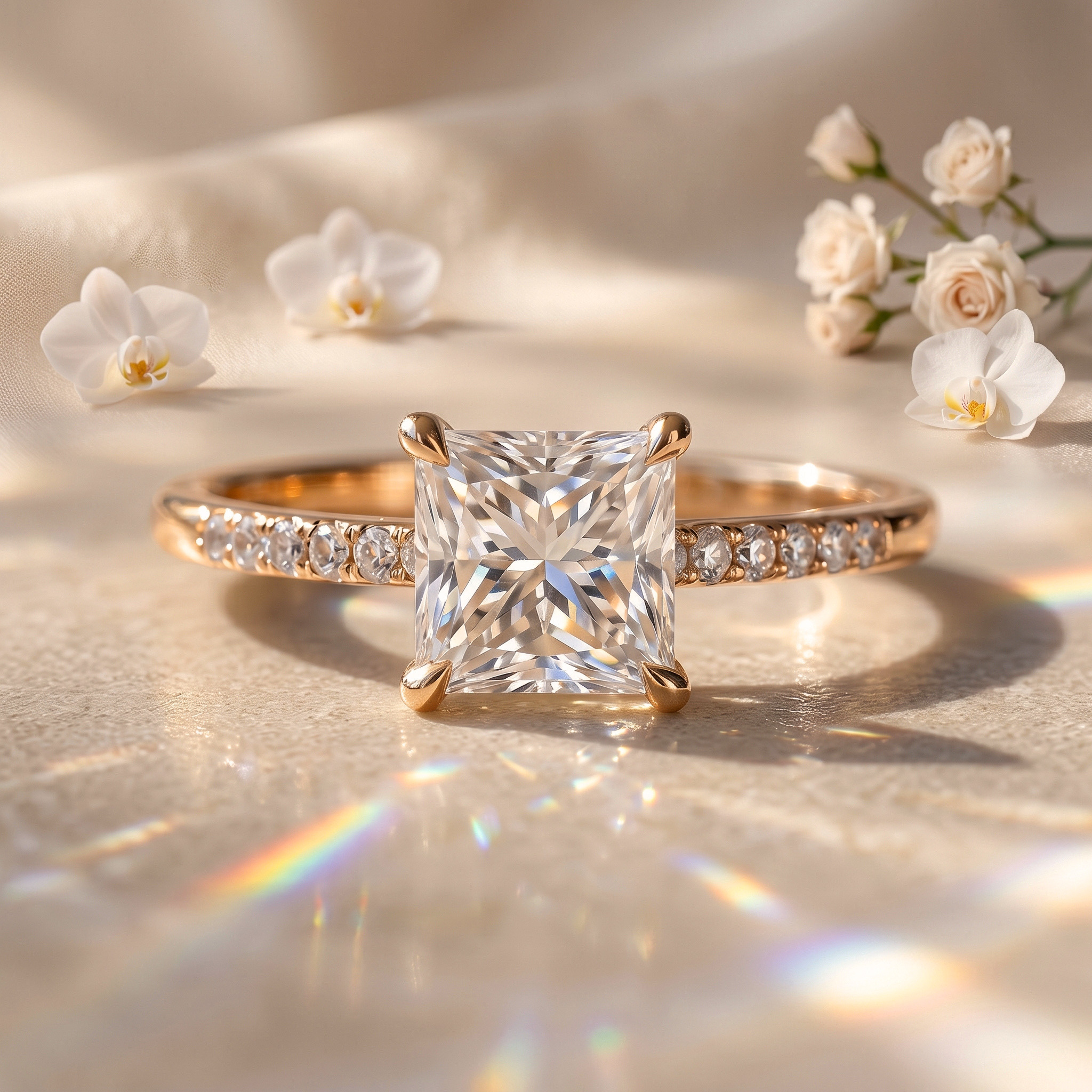 A rose gold engagement ring showcasing a brilliant princess cut moissanite stone on a delicate pavé band.