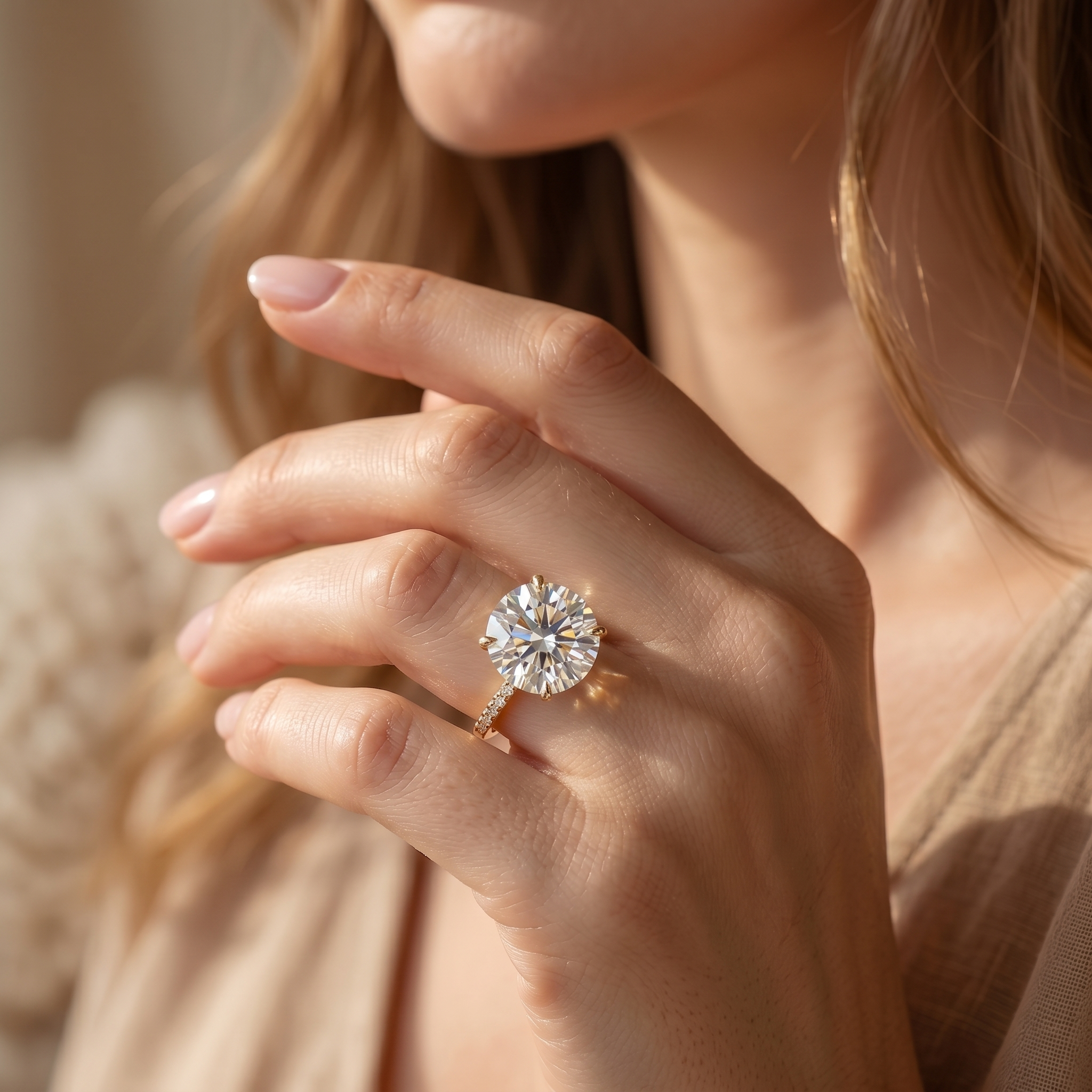 A model wearing a large round-cut moissanite solitaire ring with a pavé gold band, showcasing its sparkle on the hand.