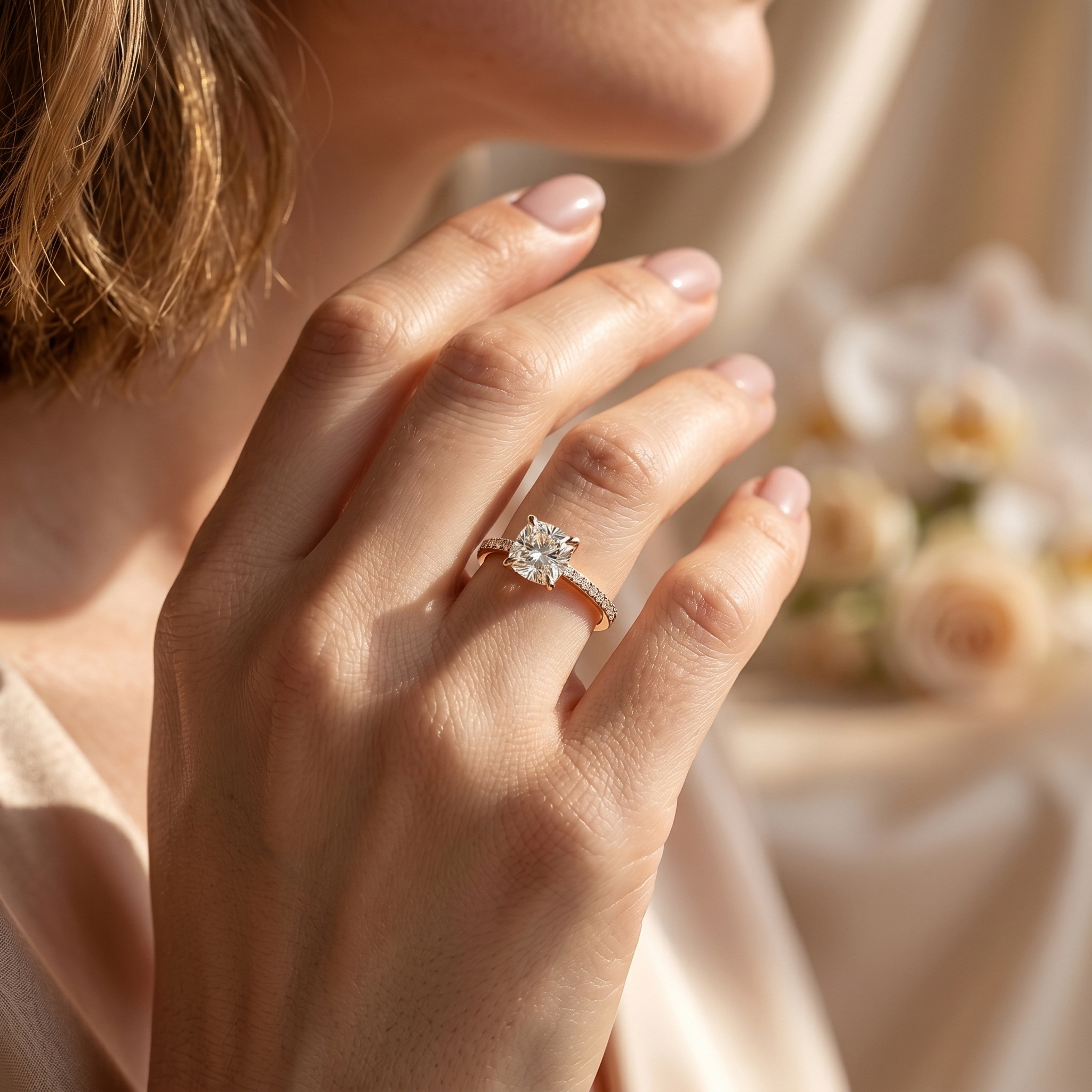 Close-up of a woman wearing a yellow gold cushion-cut moissanite engagement ring, highlighting its brilliant sparkle in the sunlight.